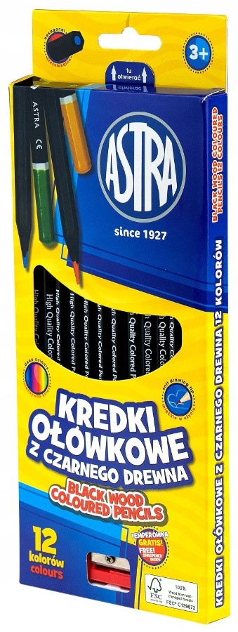 KREDKI ASTRA OŁÓWKOWE CZARNE DREWNO 12 kol.