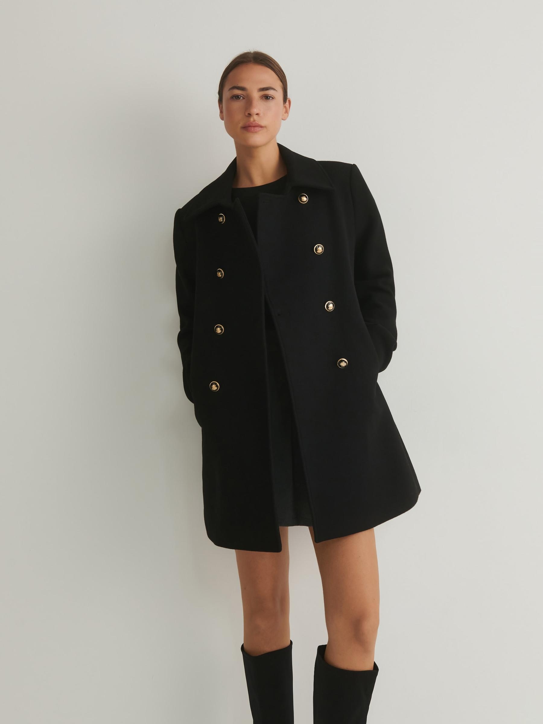 CZARNY DWURZĘDOWY PŁASZCZ PRZEJŚCIOWY OZDOBNE GUZIKI Z DODATKIEM WEŁNY M Rękaw długi rękaw