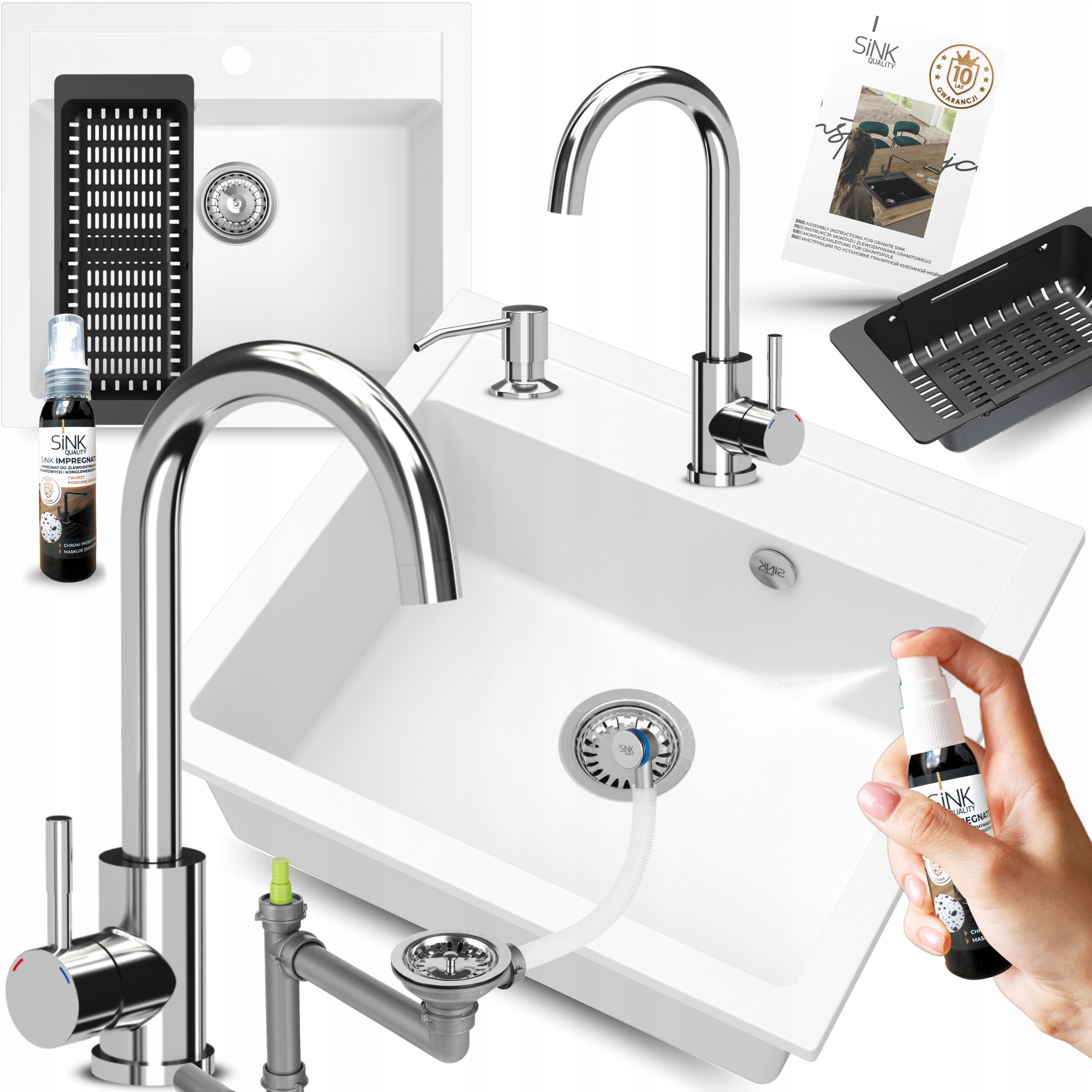 Granitový Jednokomorový Drez 60 cm biely S Batériou a dávkovačom 11 ks