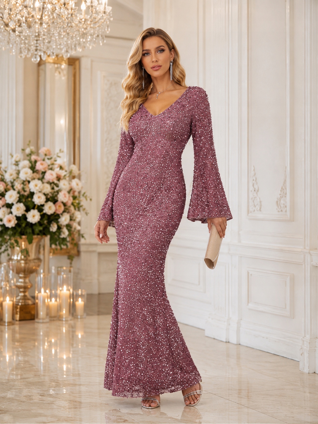 Růžové Šaty Maxi Flitry Glamour Bal Svatební Hostina S