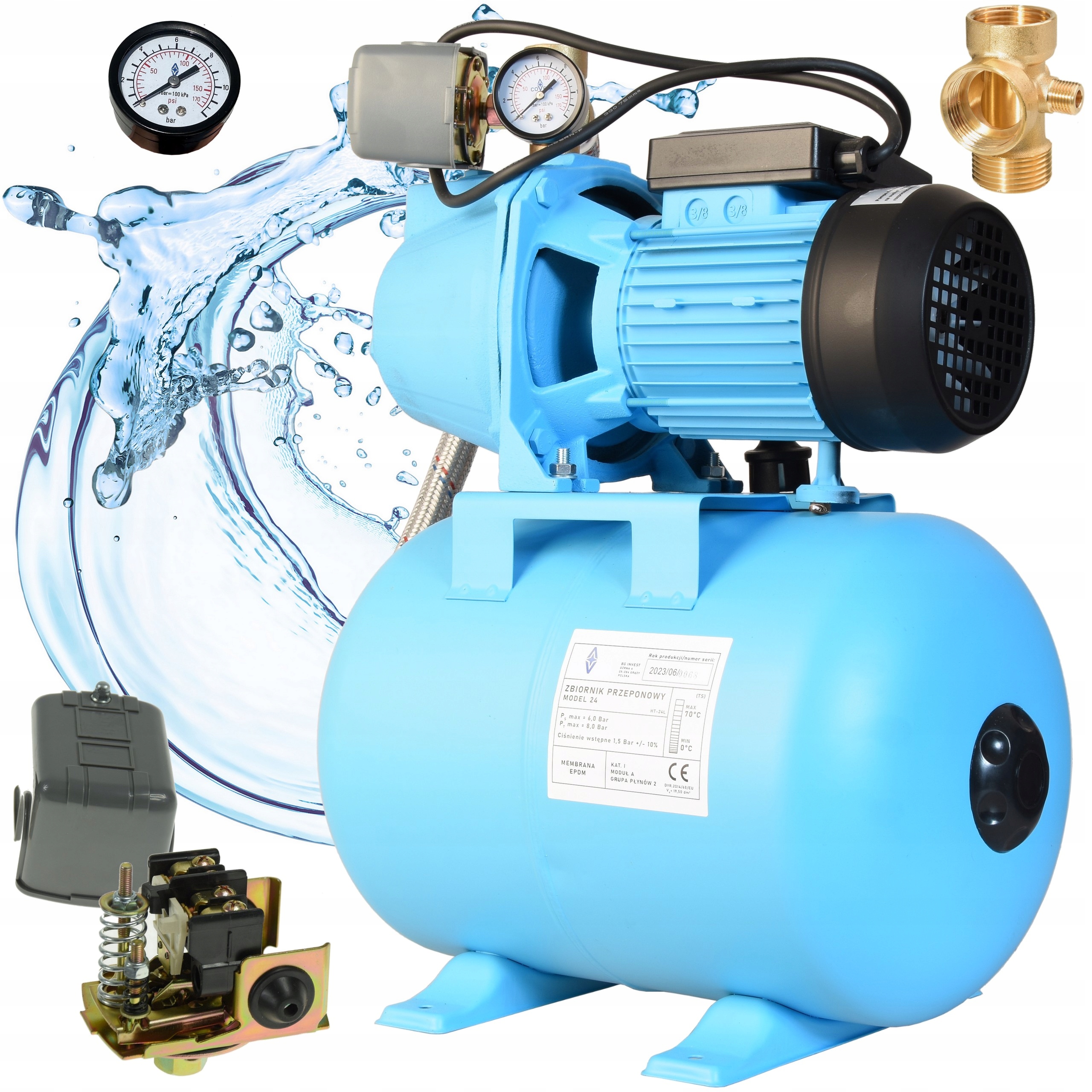 Hydrofor Na Vodu 24L Čerpadlo Set 60s 370W Silné rotory Aisi 304 2520 l/h