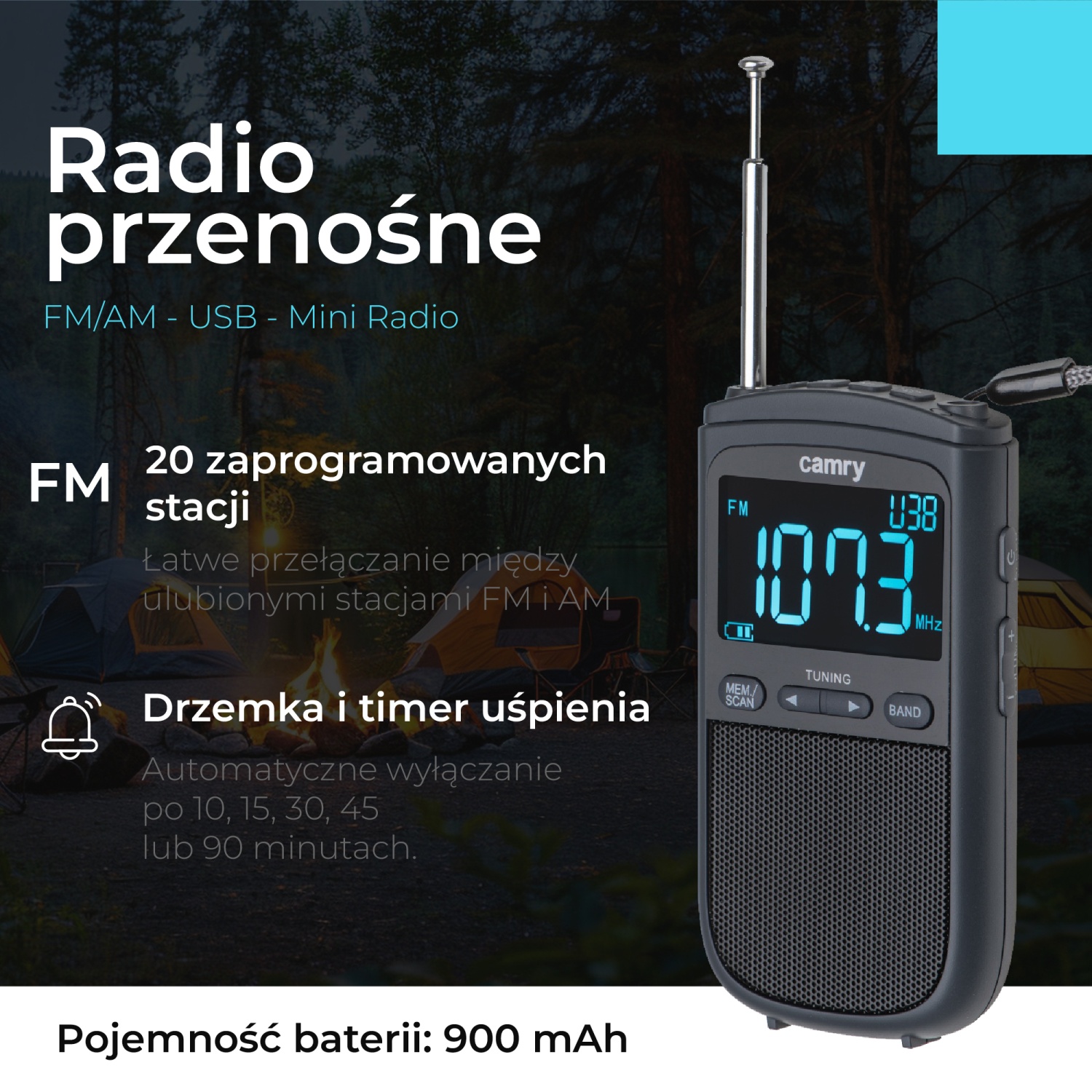 Mini Radio CR 1905 FM/AM - USB C, Alarm, Drzemka, Przenośne