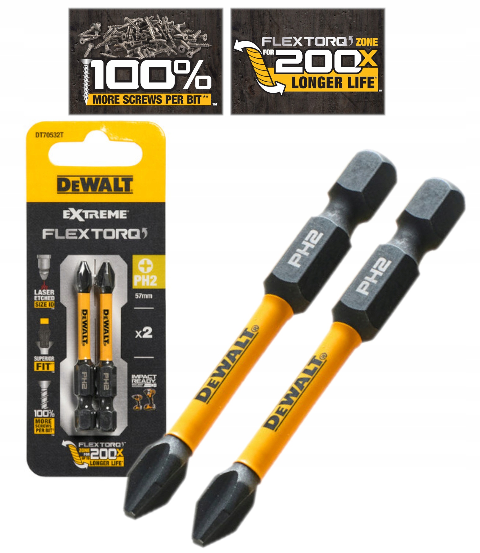 DeWALT Bity Udarowe PH2 57mm Flextorq 2 szt DT70532T