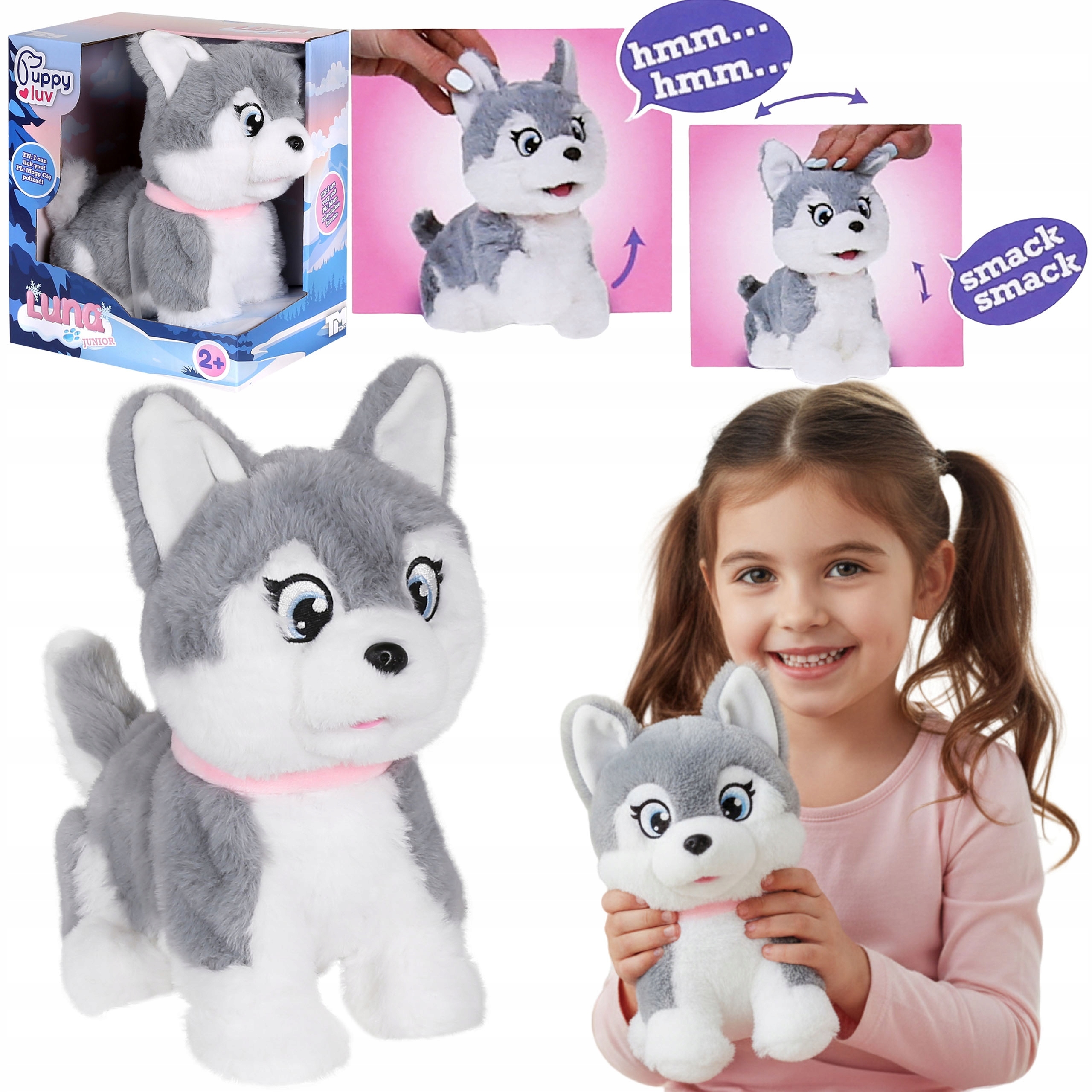 Huggy Luv Luna Interaktywny piesek Husky, pluszowy szczeniak, Dźwięki 2+