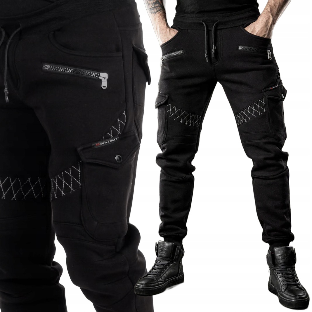 Bavlněné teplákové kalhoty Joggery Cipo Baxx Kapsáče Cargo Kapsy na zip