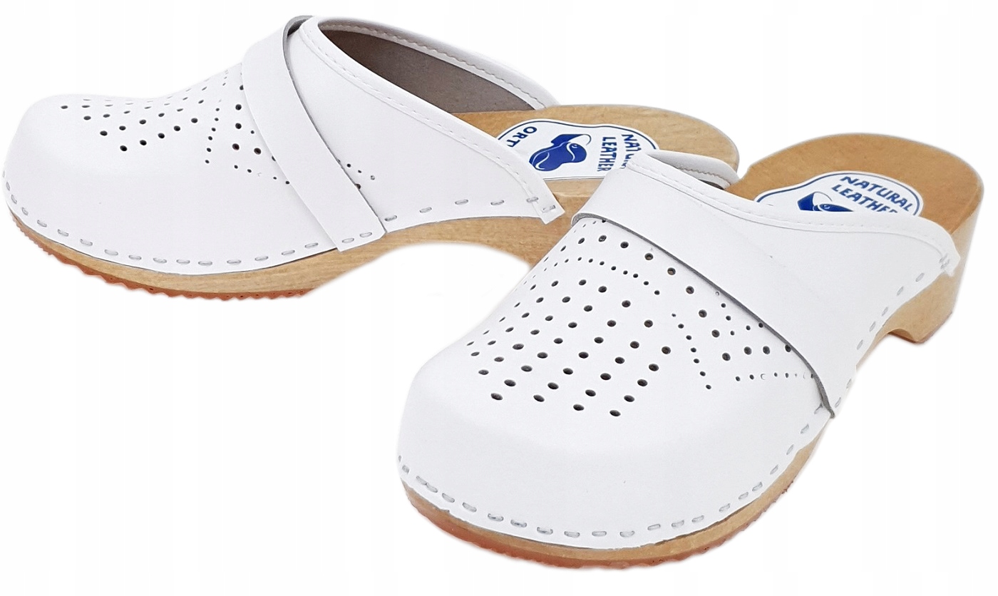 BIAŁE Drewniaki Pełne Ażurowe Skórzane Klapki Chodaki Damskie Medyczne *39* Rozmiar 39