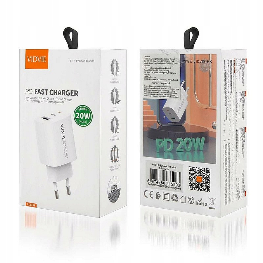 ŁADOWARKA SIECIOWA MOCNA 20W QC 3.0 QUICK FAST CHARGE PD 3.0A KABEL TYPU C Długość przewodu 1 m