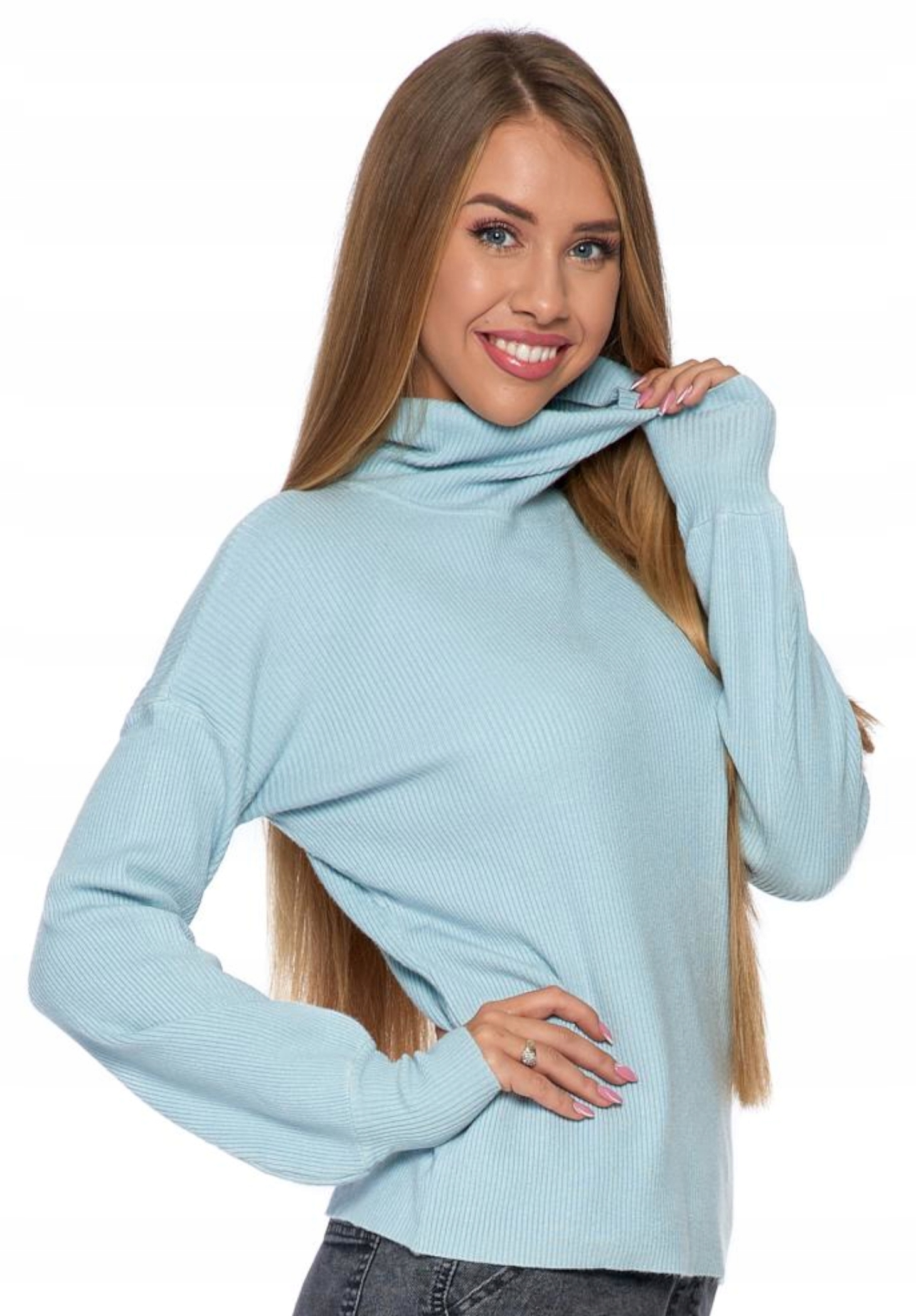 

Sweter damski golf prążkowany niebieski XL