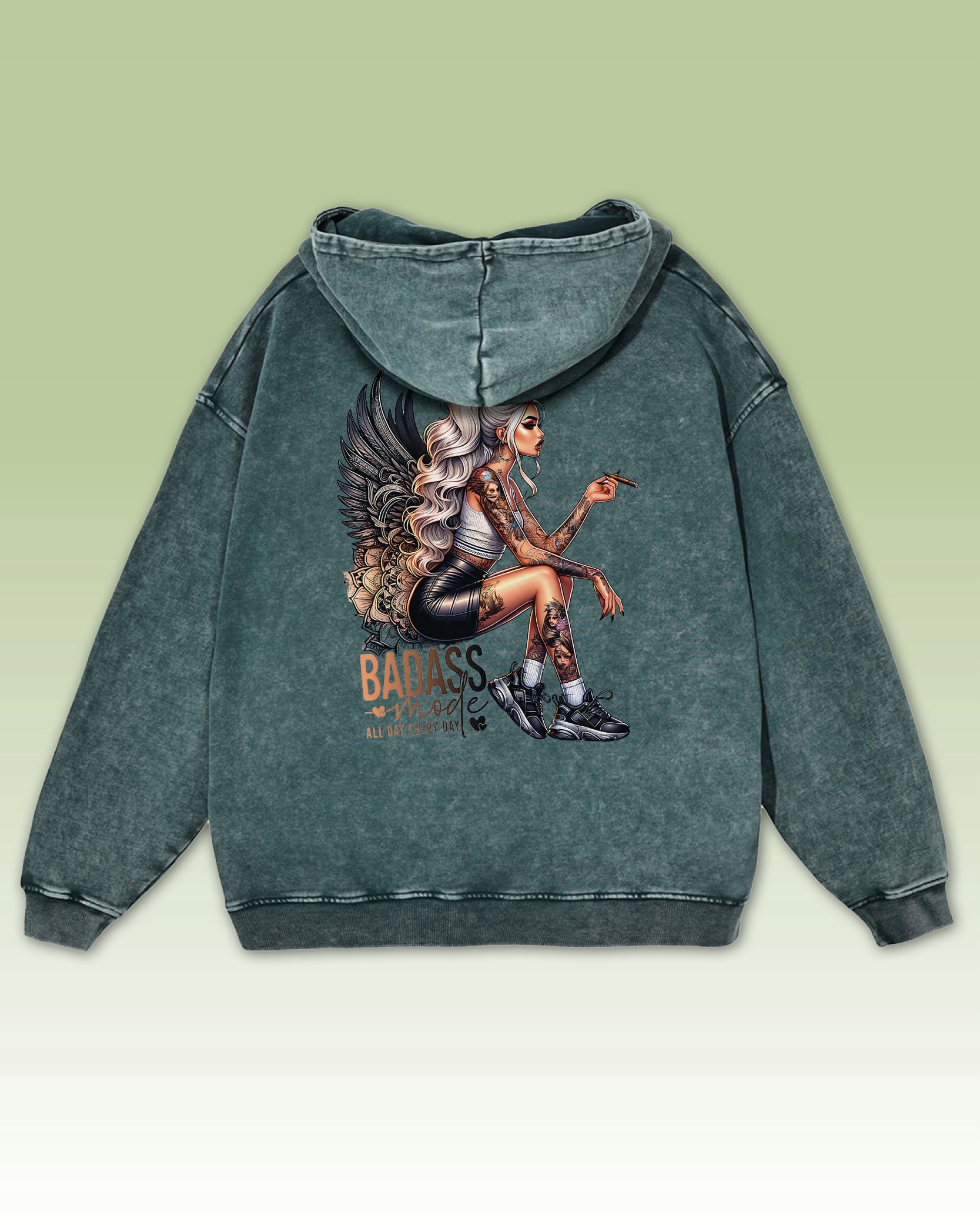 Tetovaná žena Angel Green s kapucí Oversize mikina M