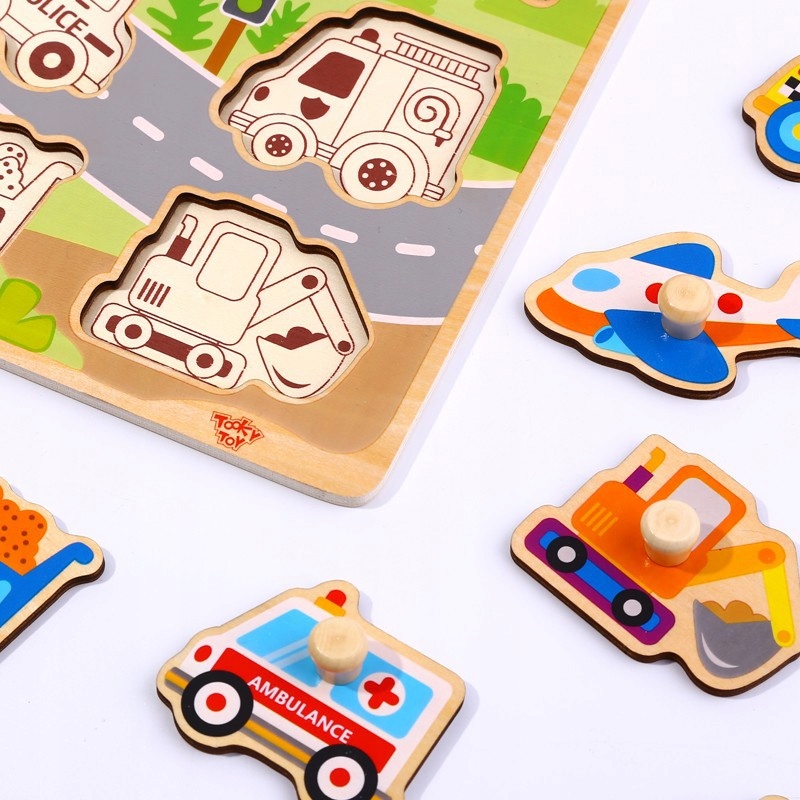 DREWNIANE PUZZLE MONTESSORI TRANSPORT POJAZDY PINEZKI TOOKY TOY Wiek dziecka 3 lata +
