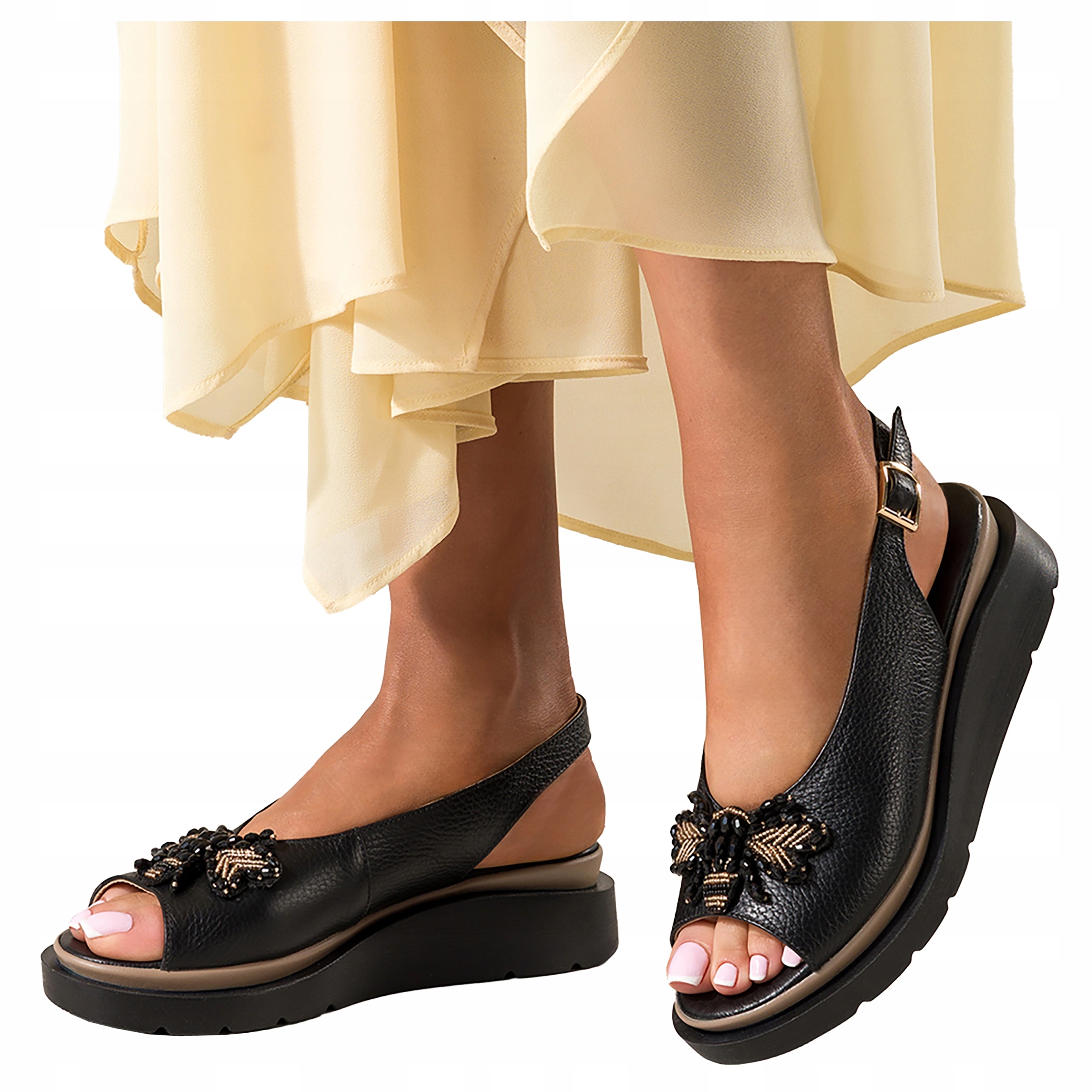 Dámské kožené Sandály Černé Komfortní Platforma Produkt Polský vel. 38