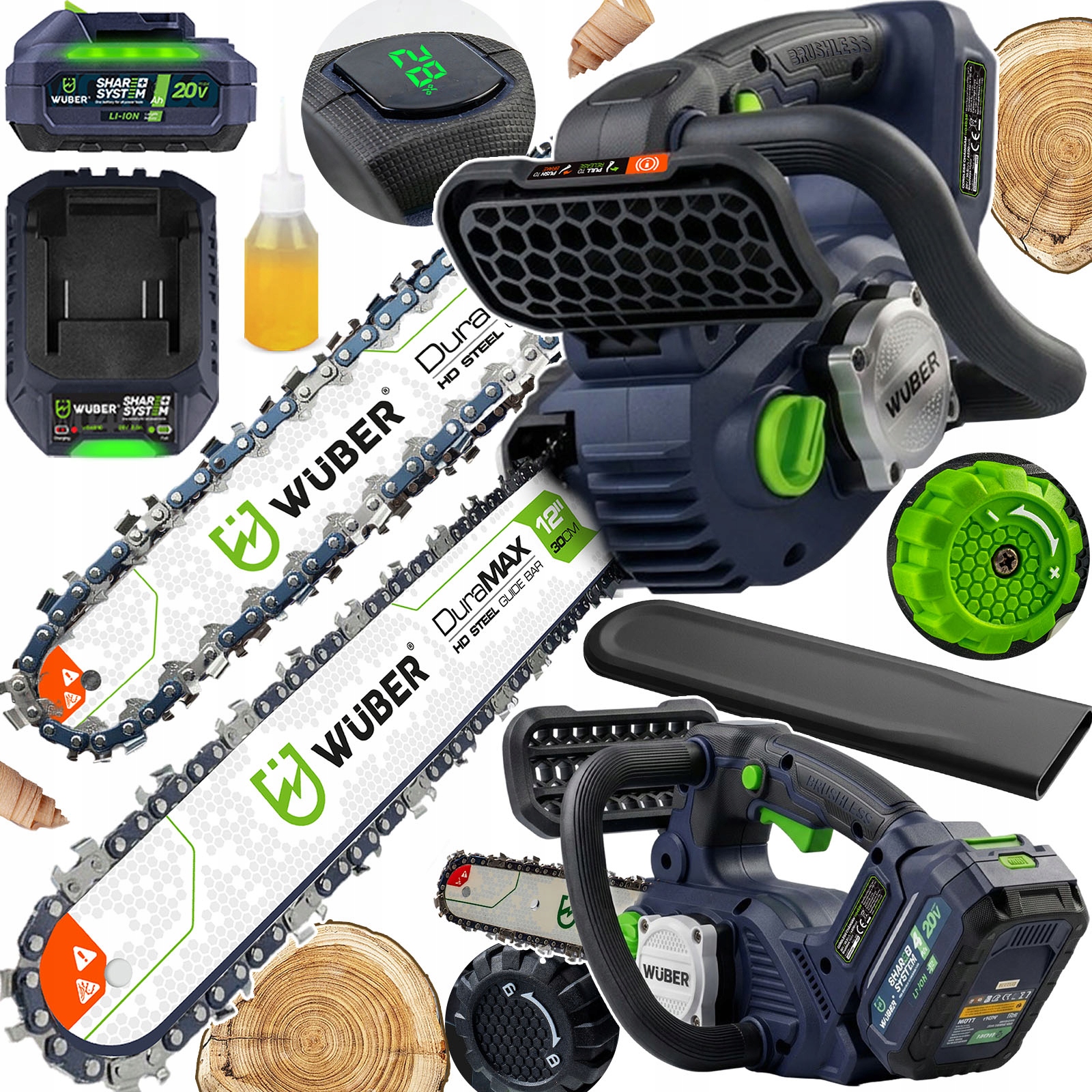 Bezszczotkowa Piła Łańcuchowa Do Drewna 12" Ładowarka Bateria 4.0Ah Olej