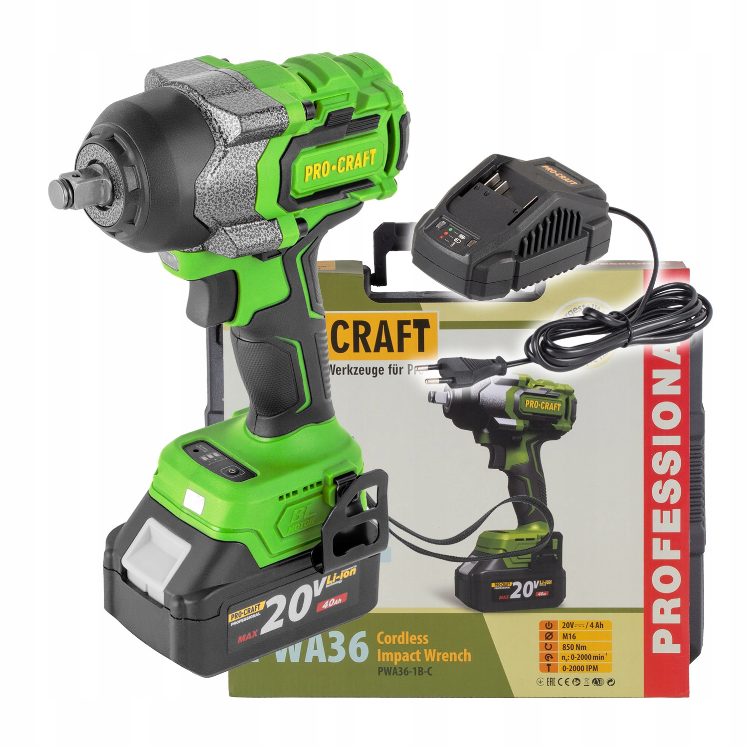 Aku rázový uťahovák Procraft PWA36-1B-C (1 akumulátor a nabíjačka)