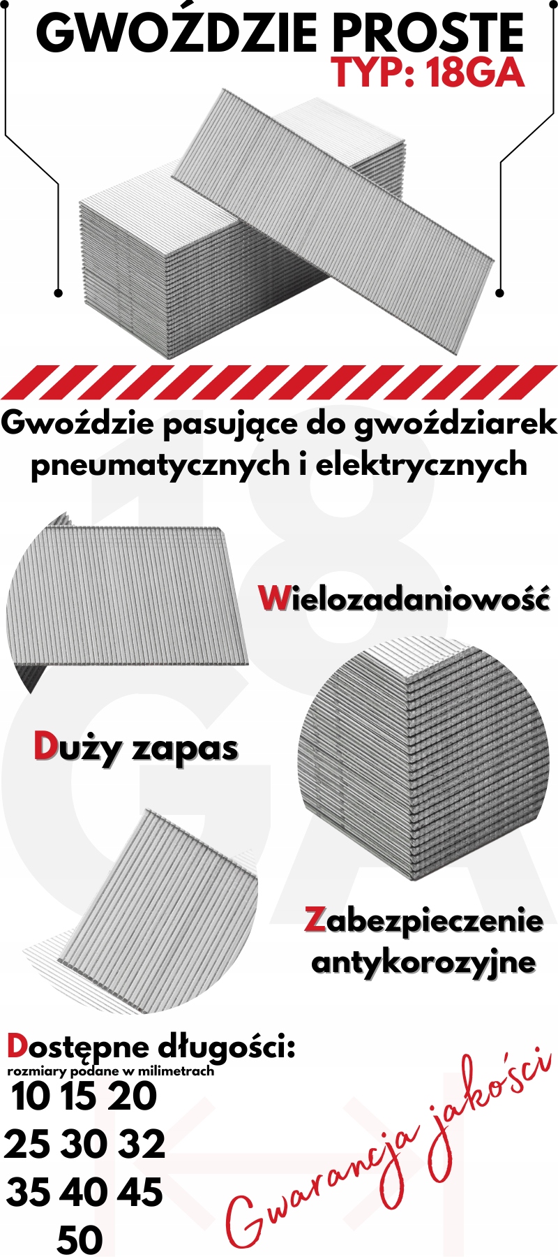Gwoździe proste 5000szt 18GA sztyfty 50mm Marka TH