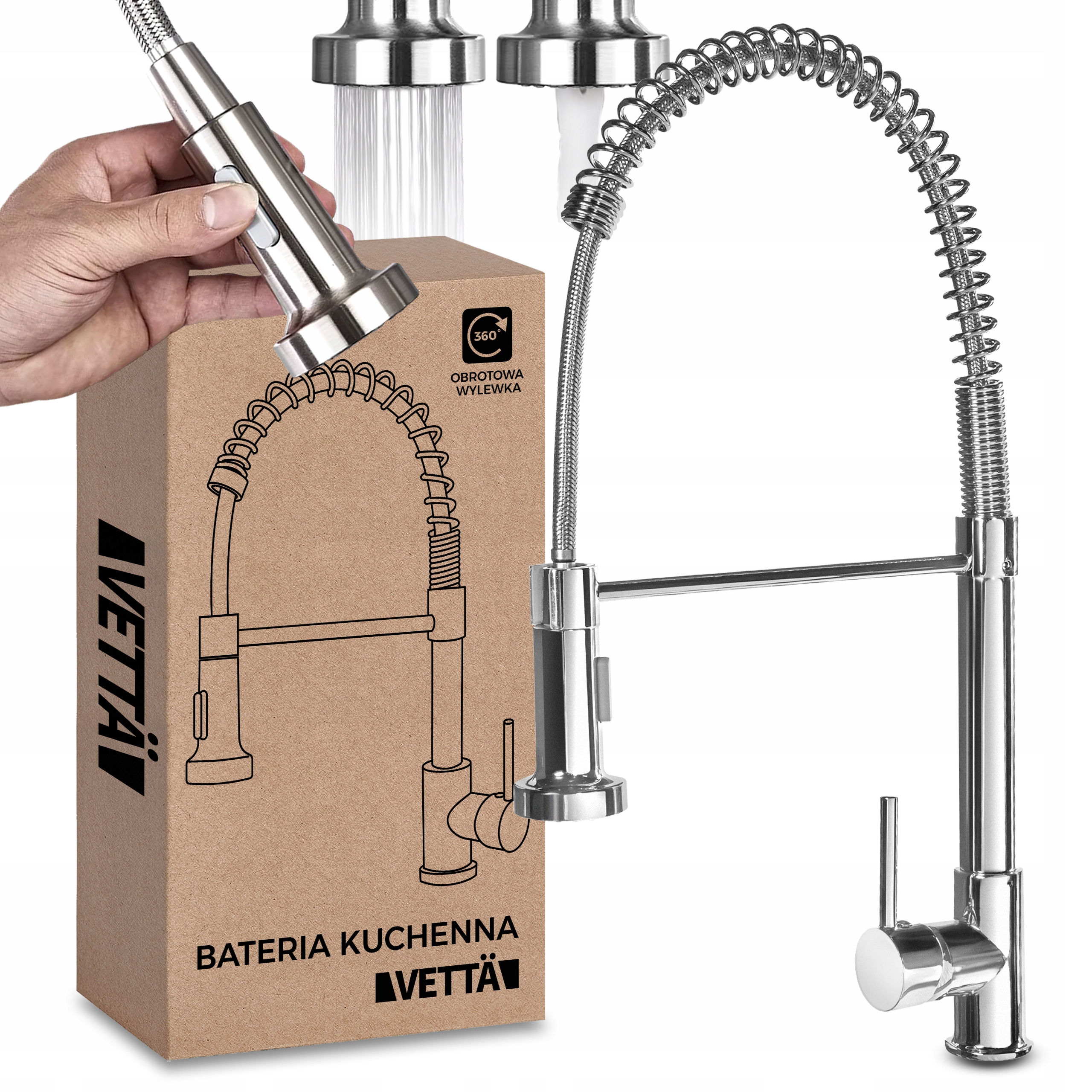 Bateria kuchenna elastyczna obrotowa wylewka wysoka 2 tryby chromowa Vettä