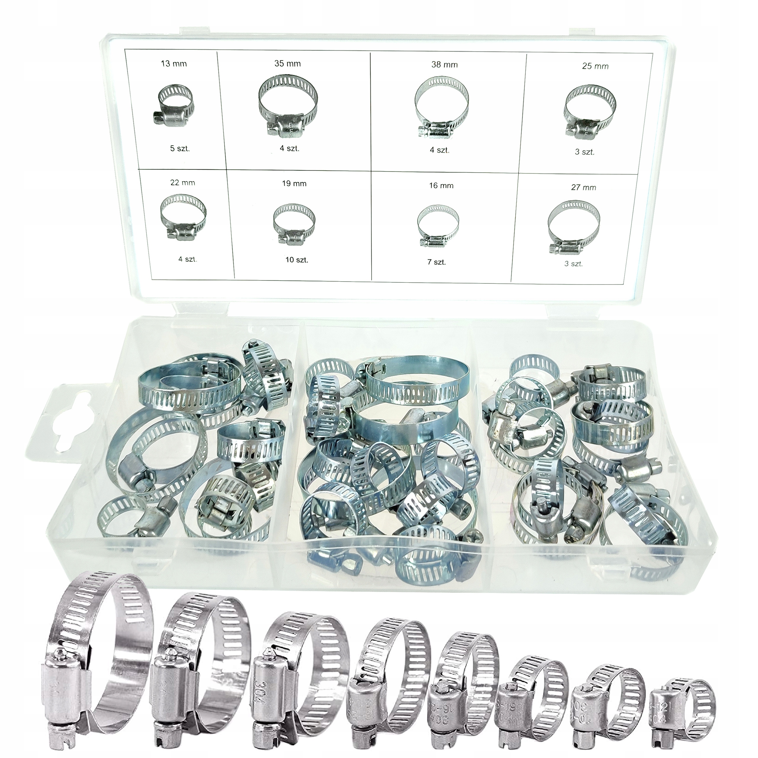 

Opaski Zaciskowe Ślimakowe Zestaw 40 szt. 13-38 mm