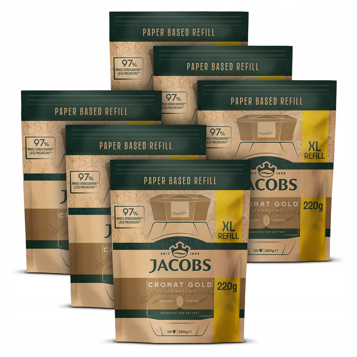 Zestaw kawa rozpuszczalna Jacobs Cronat Gold refill XL zapas 6x 220 g