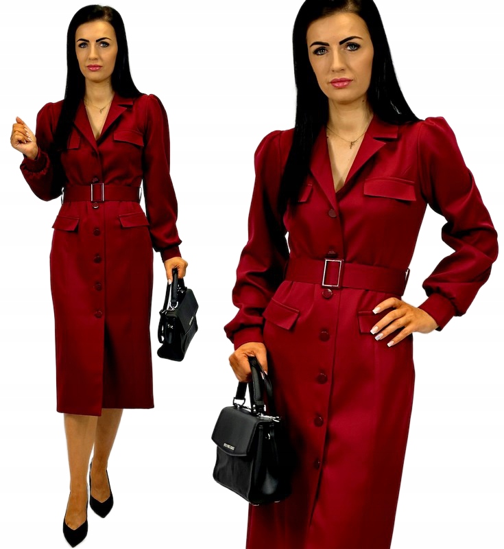 Elegantní Šaty MIDI Jednoduchá Na Knoflíky Bufka Pásek Spona Bordó L