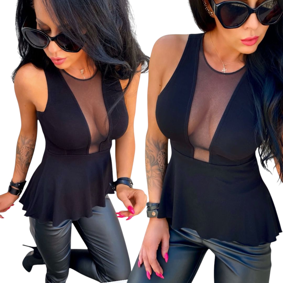 Sexy dámská halenka s hlubokým výstřihem, elastická síťovina volánek M 38