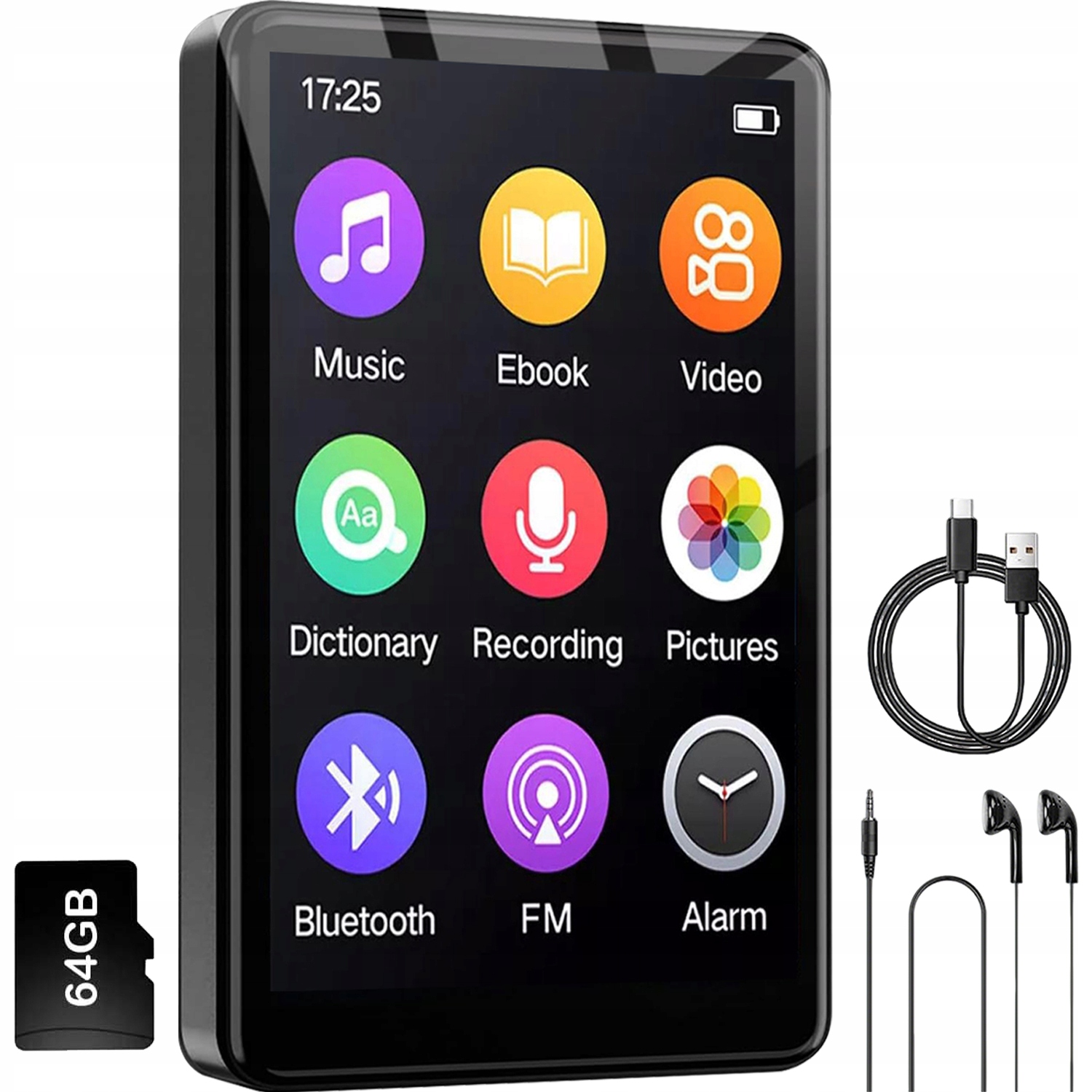 ODTWARZACZ MP3 BLUETOOTH 64GB RADIO FM SŁUCHAWKI HIFI PRZENOŚNY MENU
