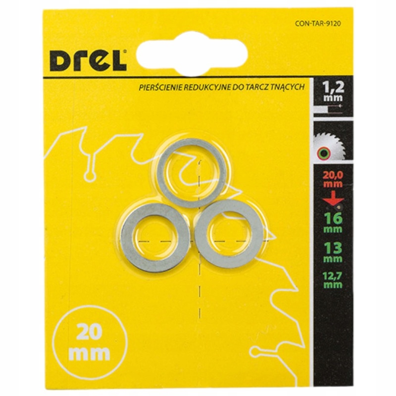 ZESTAW PIERŚCIENI REDUKCYJNYCH DO TARCZ 3 SZTUKI 20/16 20/13 20/12,7 gr.1,2