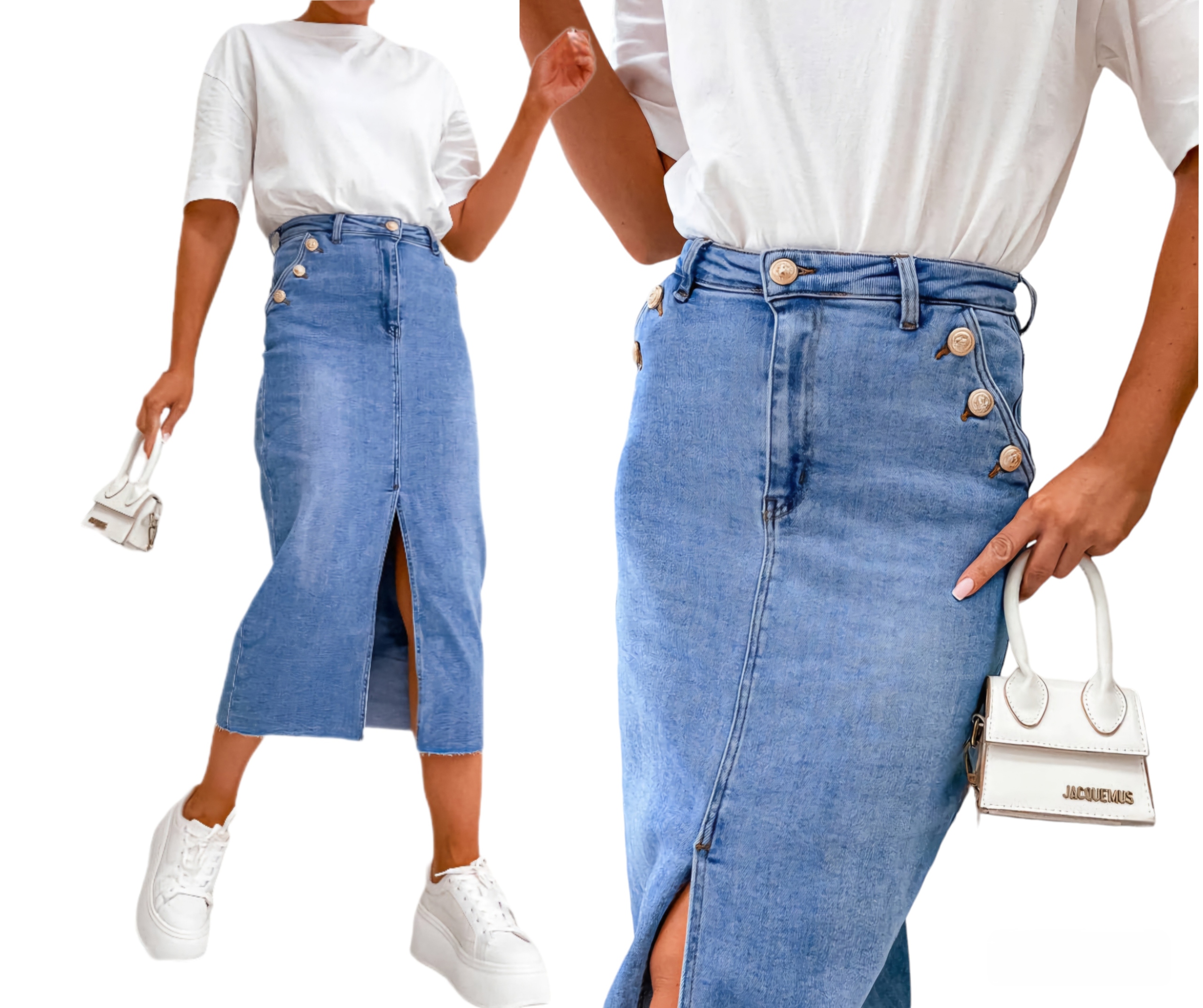 Módní Sukně midi s tužkovými knoflíky vel. S 36 světle modrá