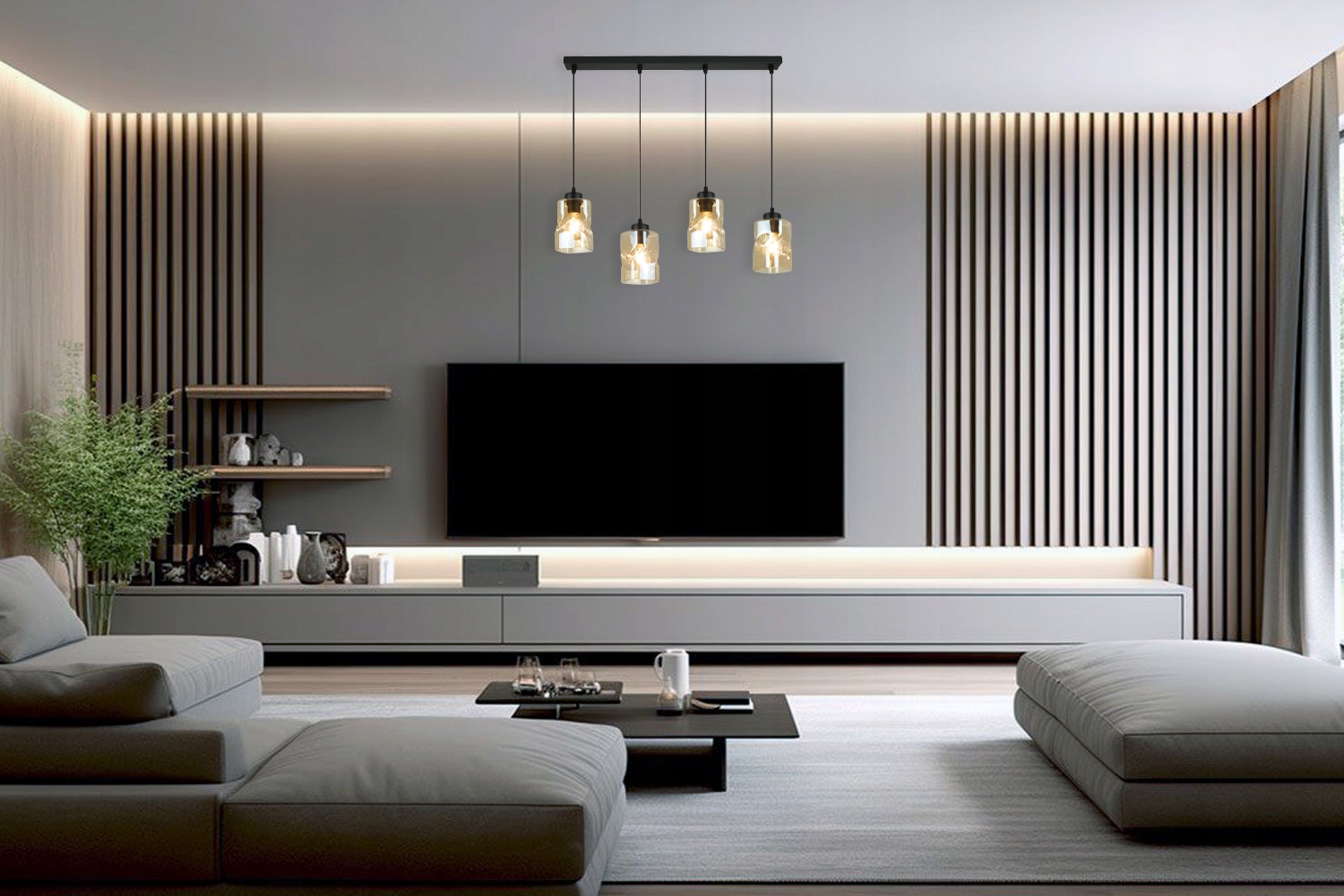 LAMPA CZARNA WISZĄCA ŻYRANDOL LISTWA 4 SZKLANY KLOSZ MIODOWY SUFITOWA LED Marka Moderno