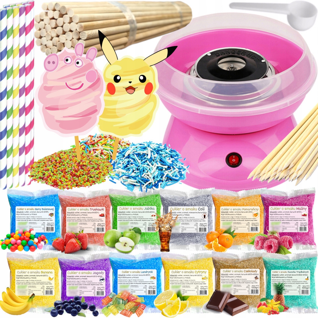 Sada Stroj na cukrovou vatu Cukr 12 x 100 g Sáčky tyčinky posypky