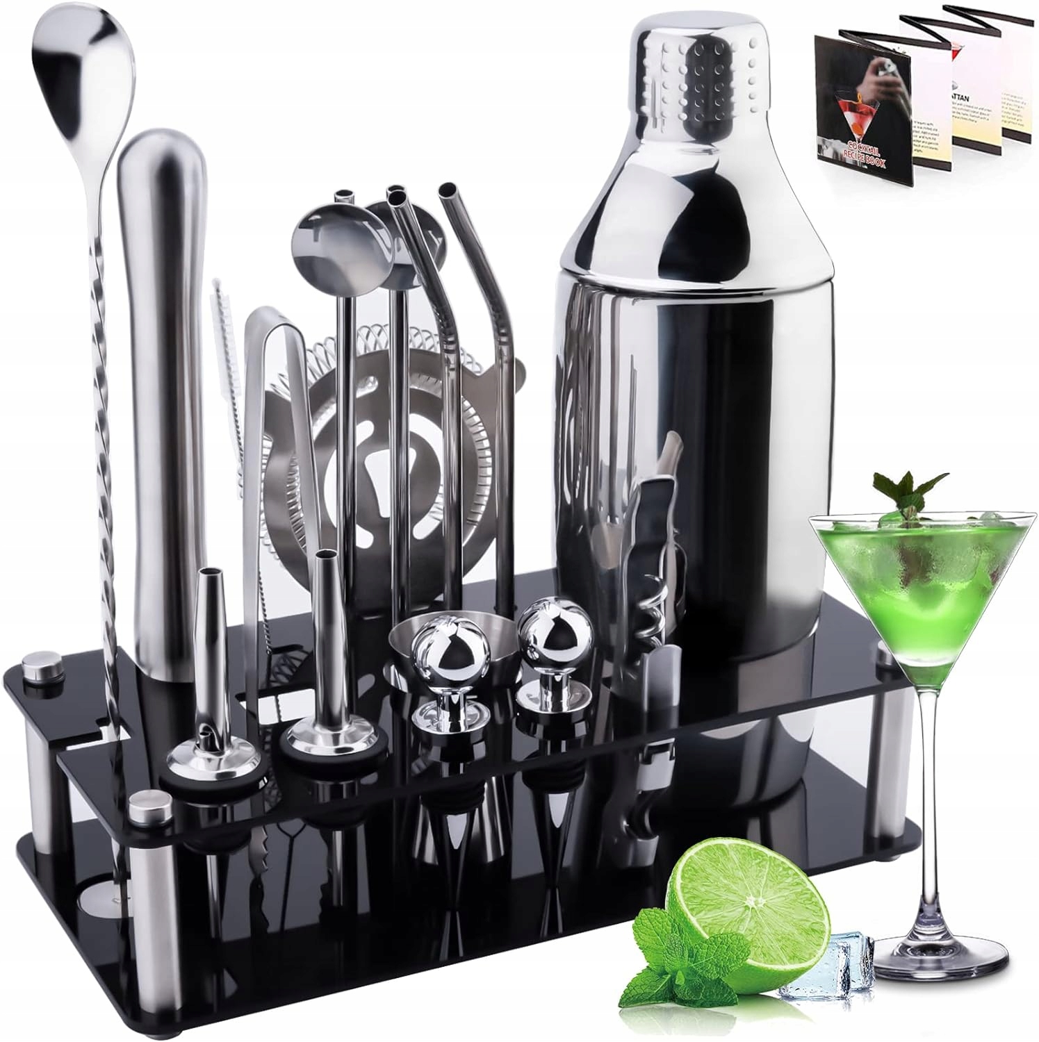 ZESTAW DO KOKTAJLI 18 ELEMENÓW ZE STALI NIERDZEWNEJ + DREWNIANY REGAŁ