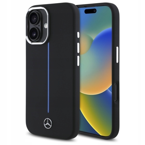 Pouzdro Pro Iphone 16 Mercedes -benz Černý Tvrdý Silikonový Pouzdro S Modrým Proužkem Magsafe