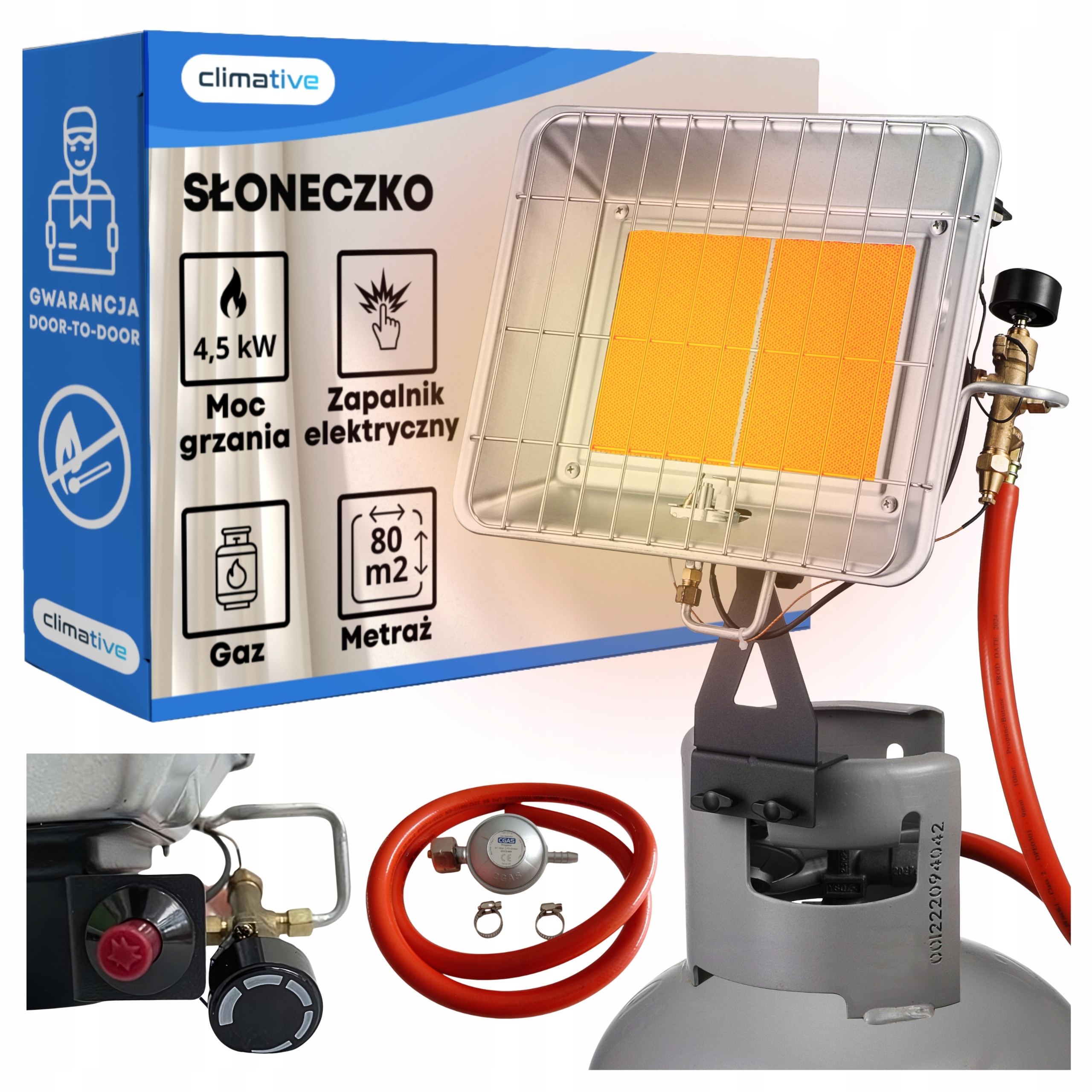Plynový ohřívač "sluníčko" 4,5 kW s držákem na láhev, Piezo zapalování (bez sirek) a reduktorem