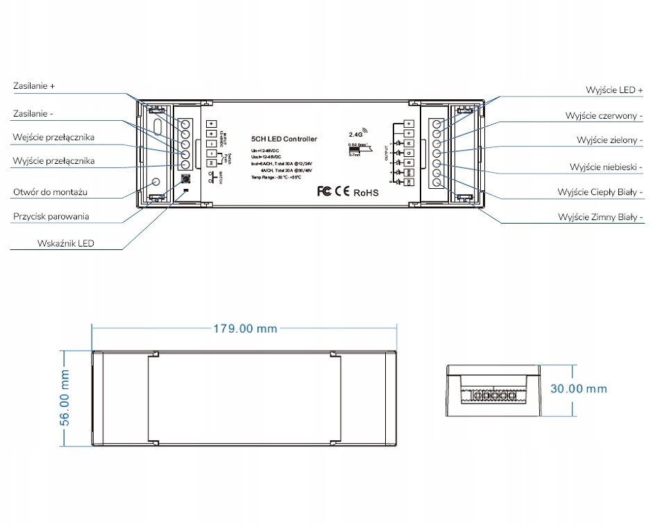 Kontroler LED RGB+CCT 12-48V 360W/720W Seria SD RF 2.4GHz Marka Tuya