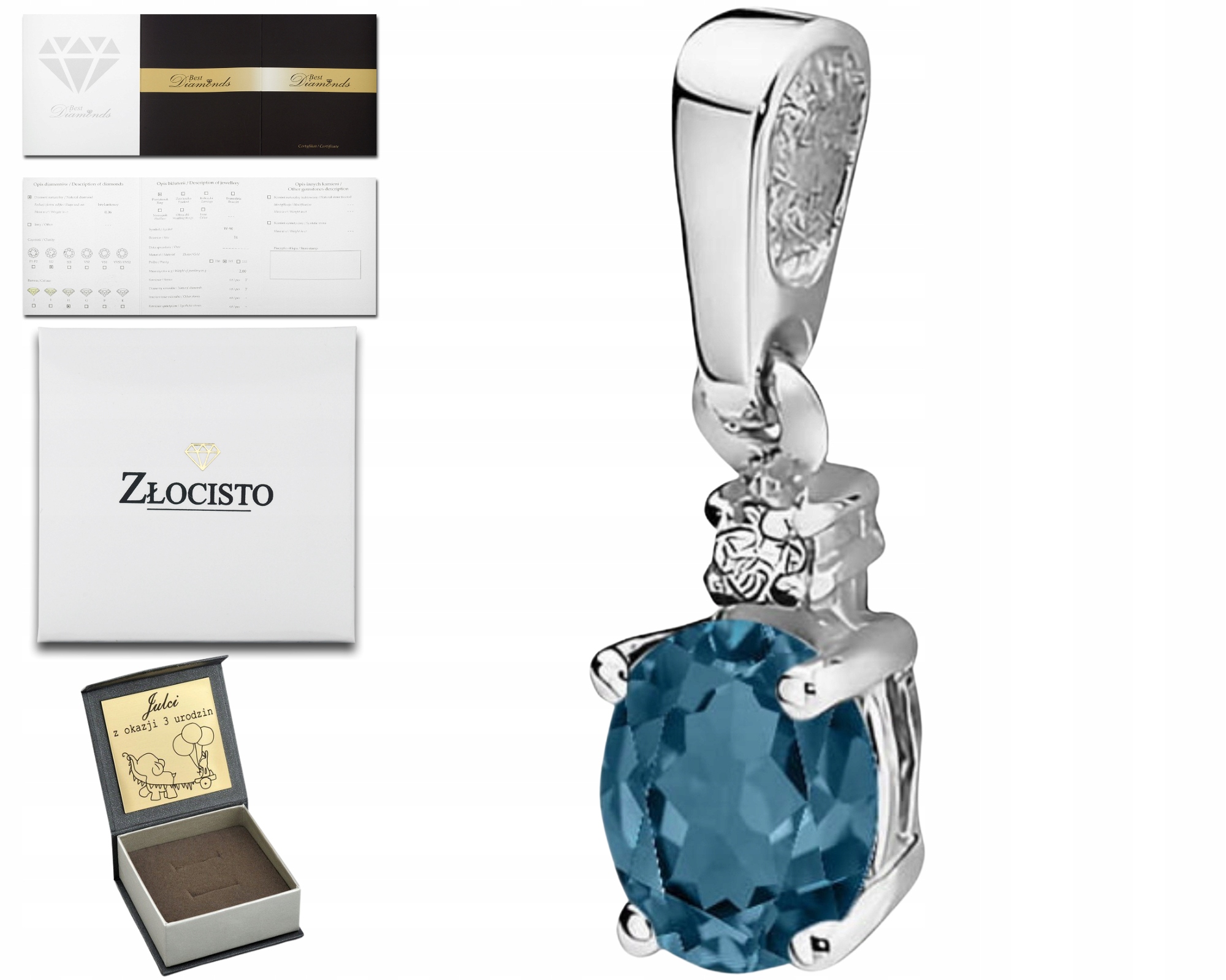 Bílé Zlato Přívěsek S Briliantem A Topazem London Blue Gravírování Bonus 585