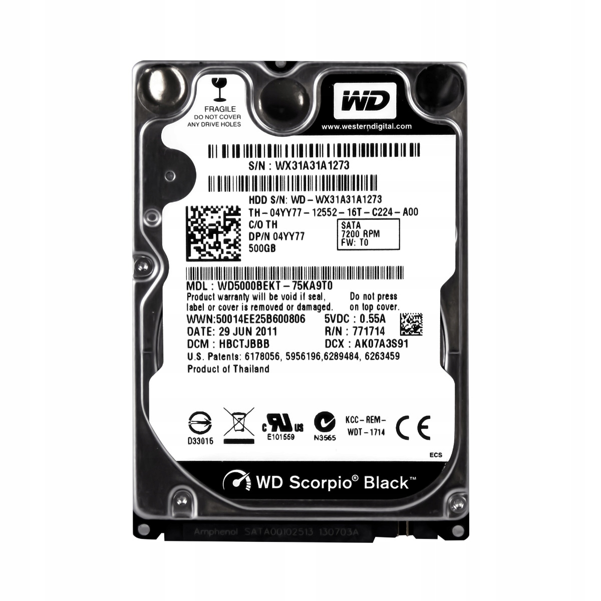 Dell 04YY77 500GB 7.2K 16MB Sata II 2.5'' WD5000BEKT-75KA9T0