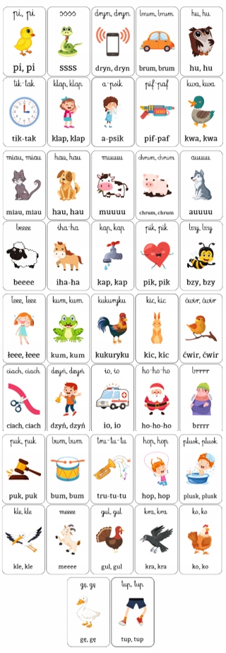 ONOMATOPEJE KARTY OBRAZKOWE - NAUKA CZYTANIA Język publikacji polski