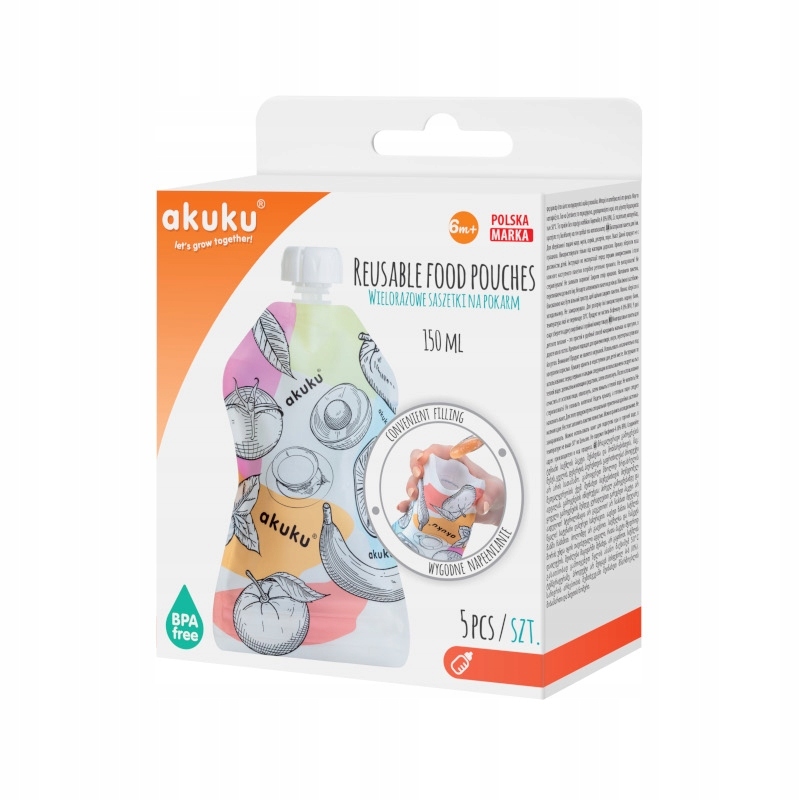 akuku SASZETKI TUBKI WIELORAZOWE NA POKARM 5szt Stan opakowania oryginalne