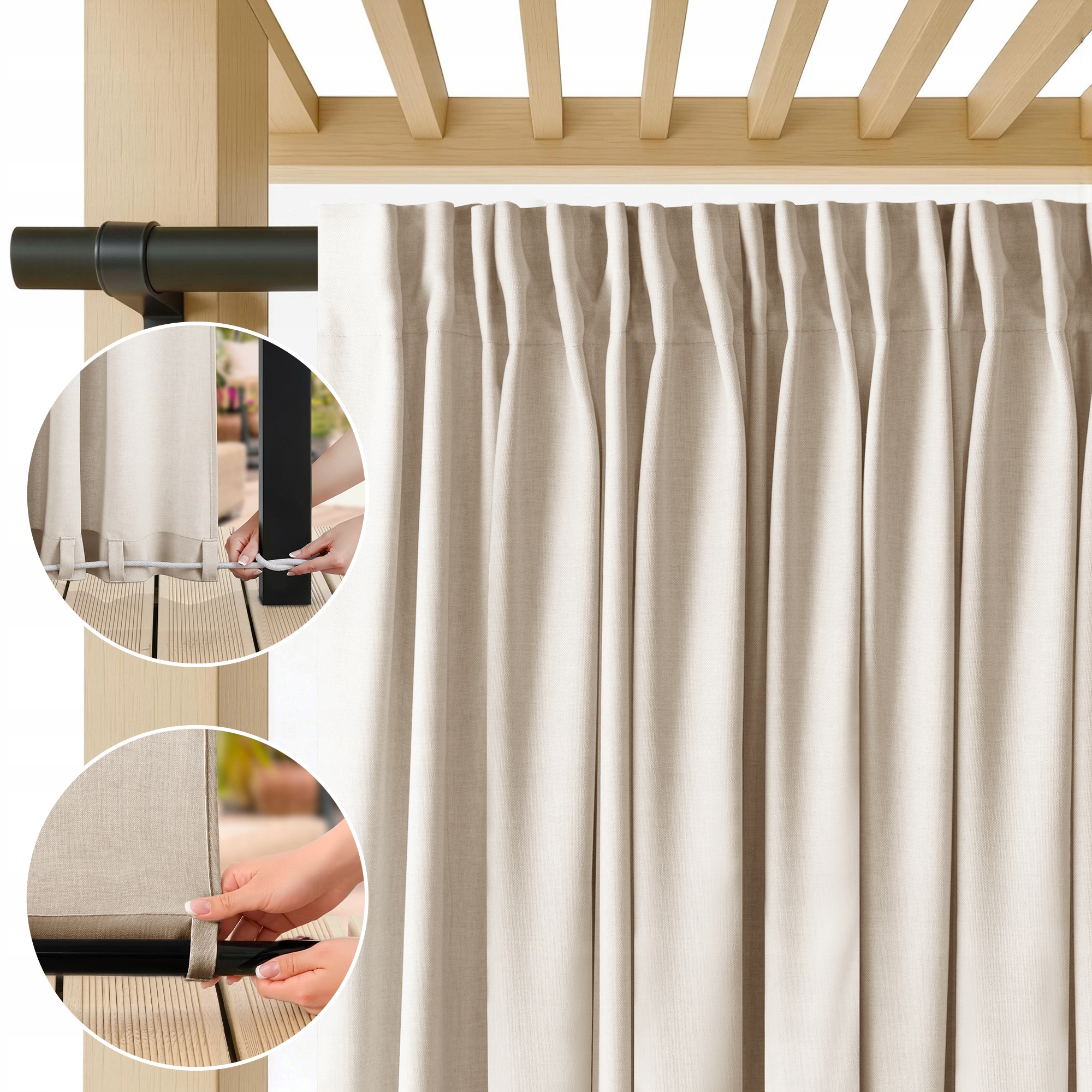 Filumi Zahradní záclony s lenovou vazbou, voděodolná páska, teplá béžová 250x240