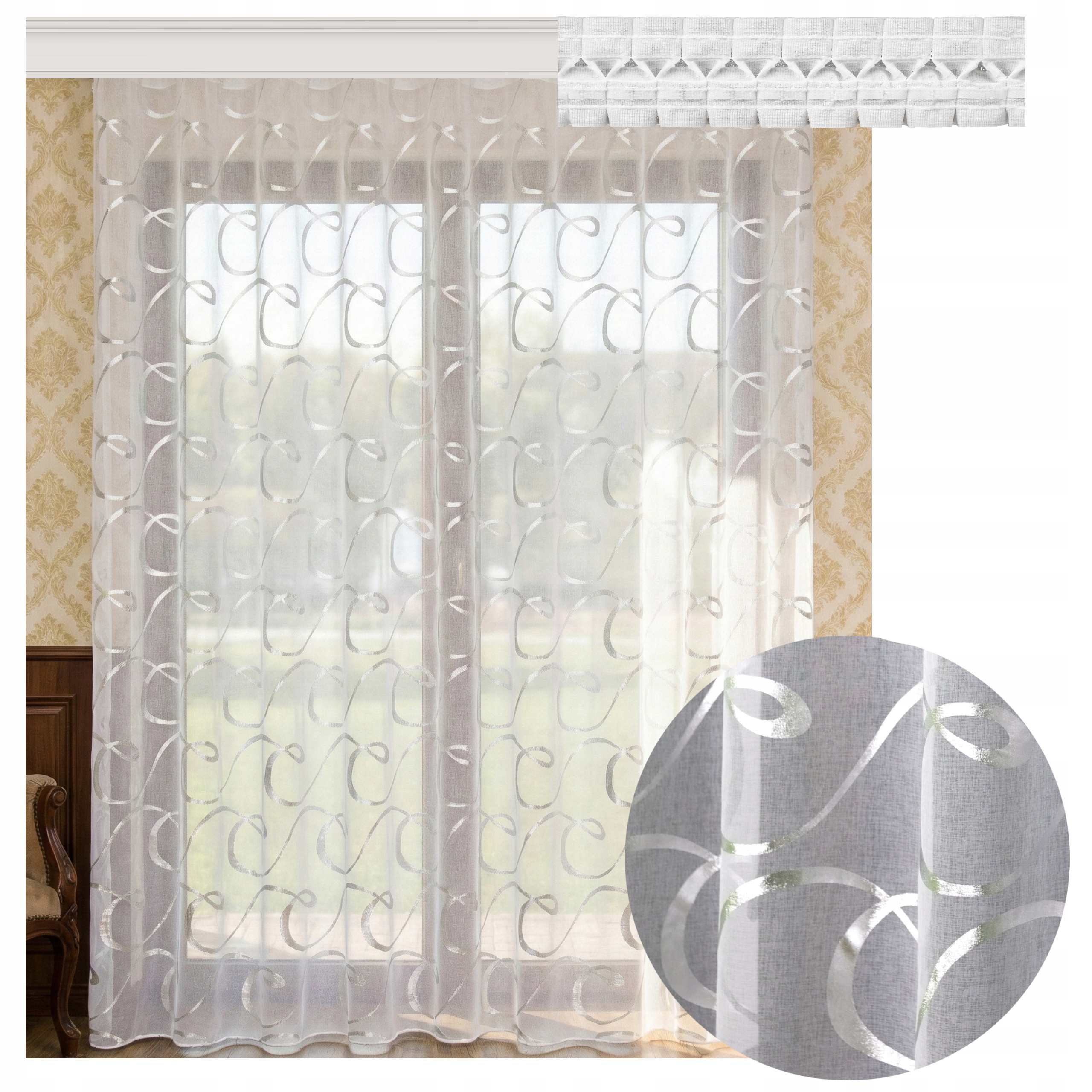 Klasická Záclona Nadia Etamin Olověná páska Stříbro 600 x 180 cm Hotová