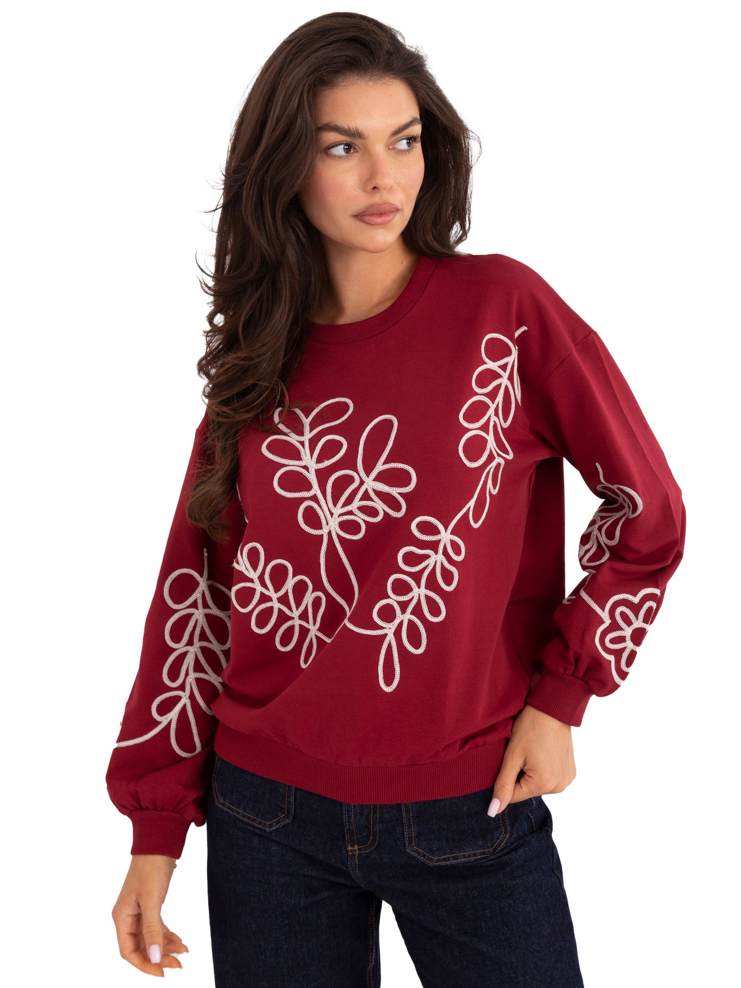 Bluza z Haftem Damska Bawełniana Bez Kaptura Okrągły Dekolt