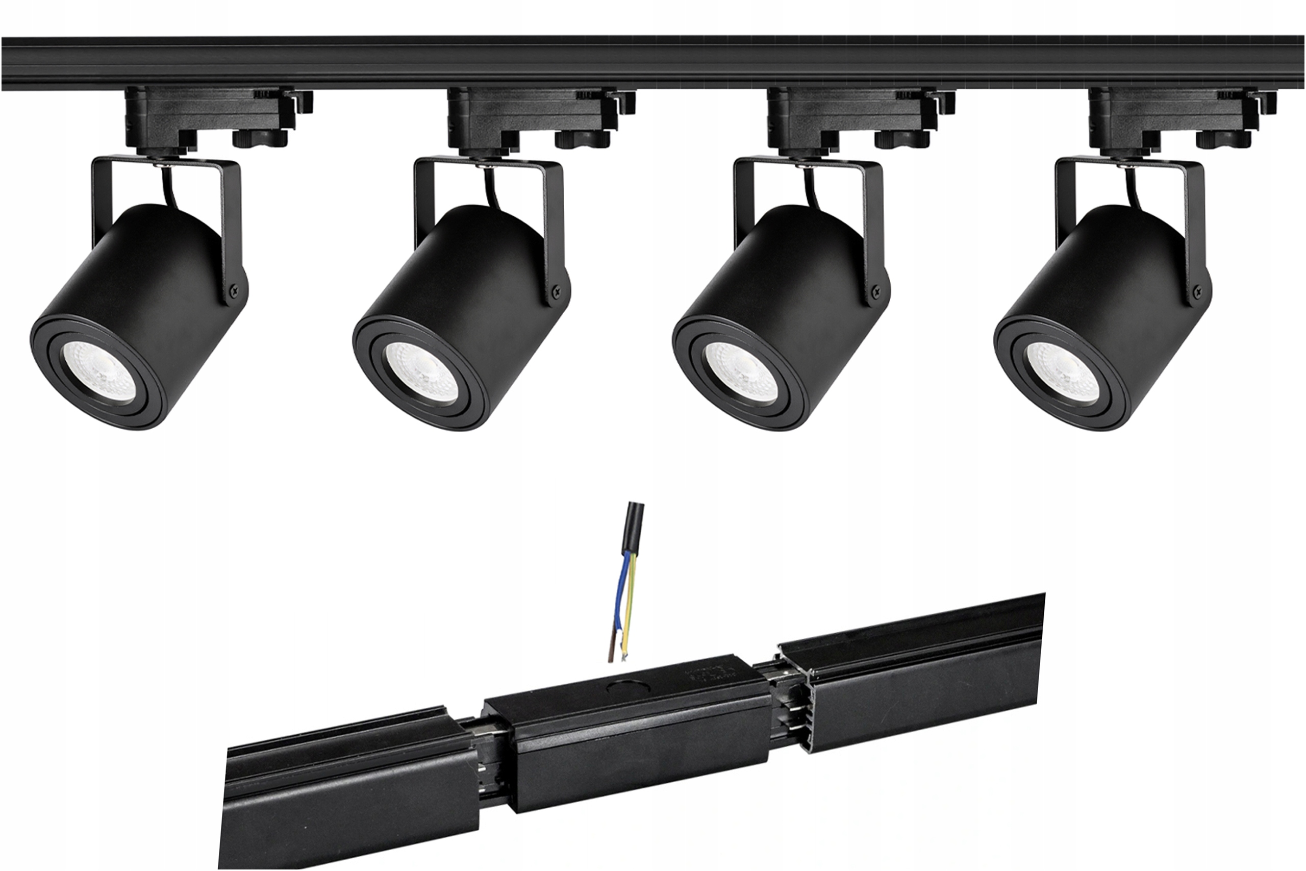 4 Lampki 3Fazowe GU10 Czarne szyna 2 x 1 metr zasilanie na środku salon