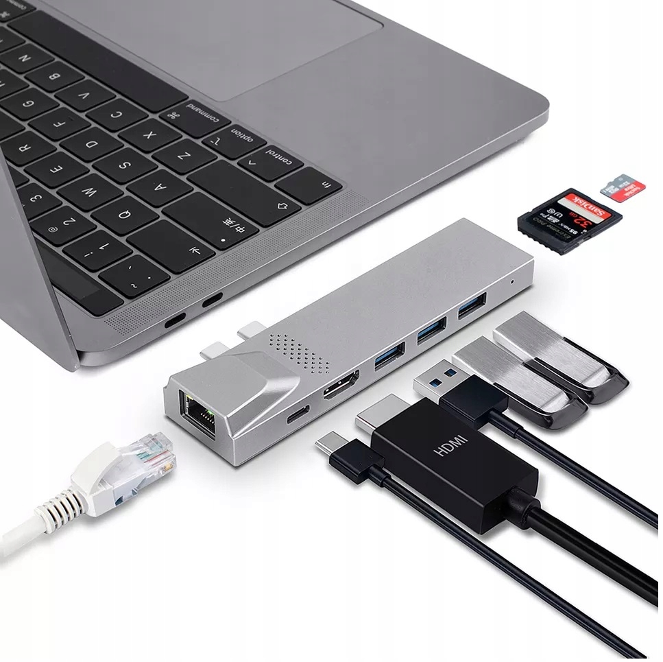4Apple.pl HUB 2xUSB-C Thunderbolt HDMI LAN USB Macbook AIR PRO M1 M2 M3