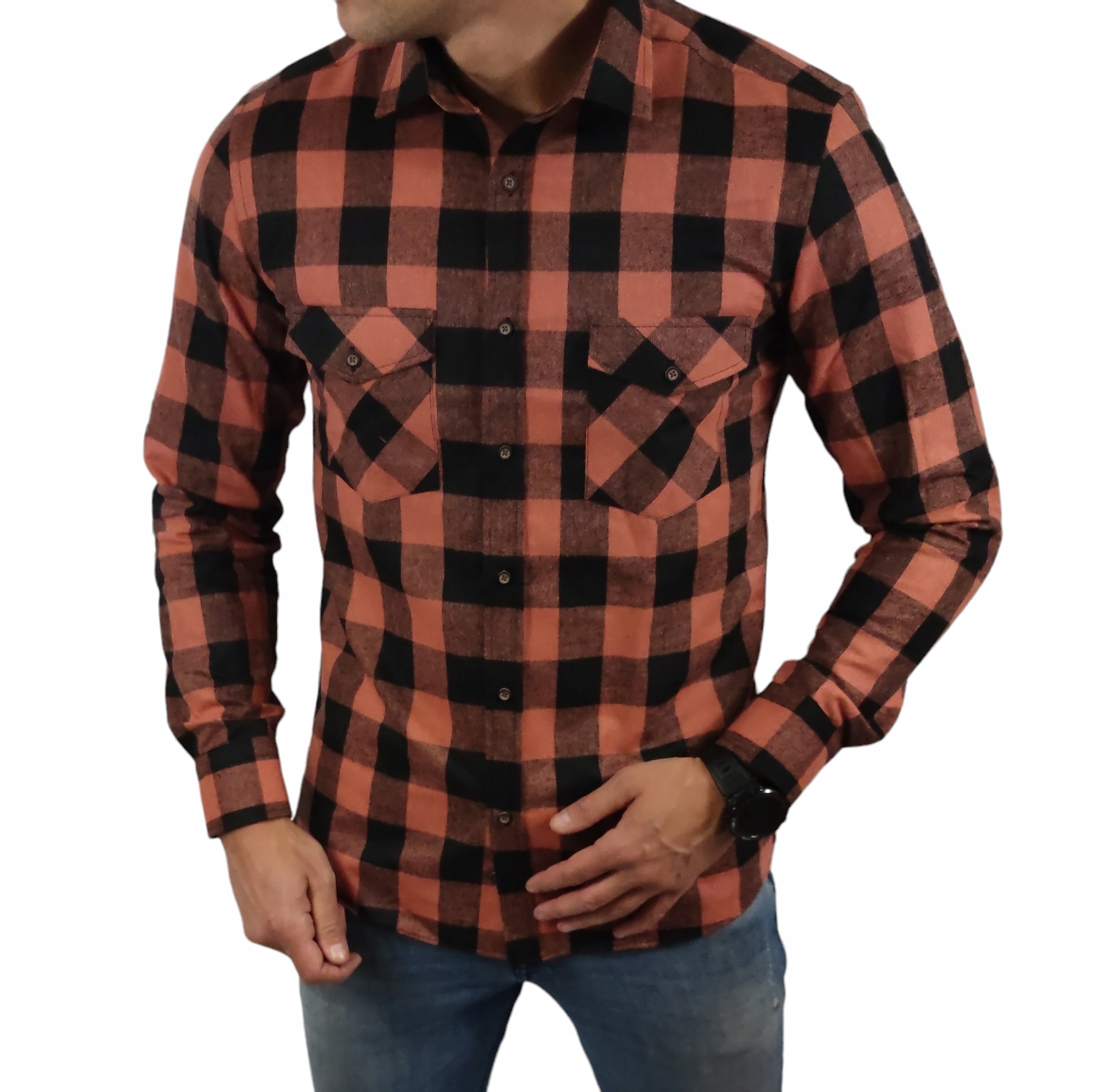 Teplá flanelová slim fit košile s kapsami, oranžová kostkovaná ESP015