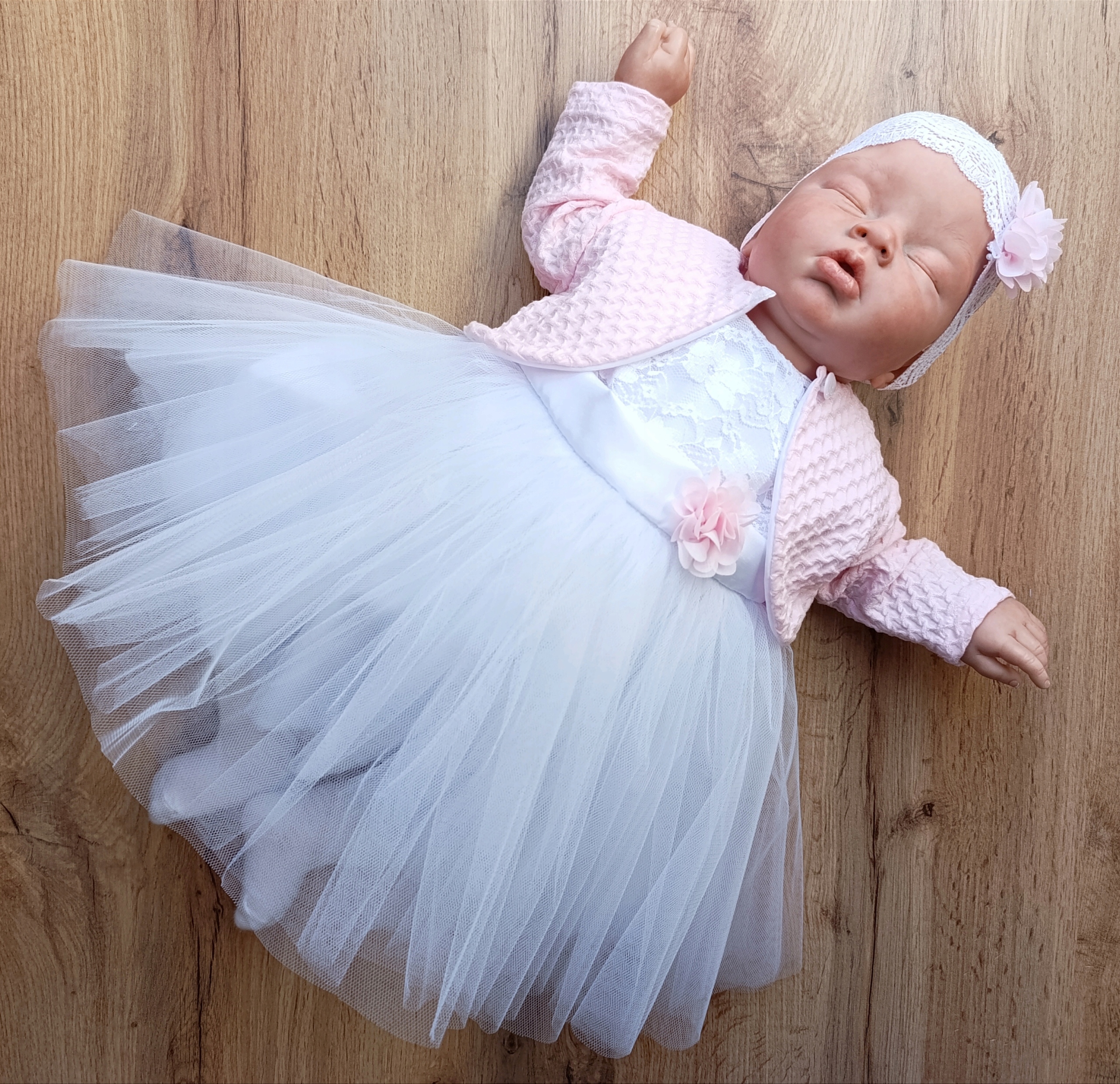 KELLO - Komplet: sukienka + bolerko + opaska 62 cm chrzest wesele