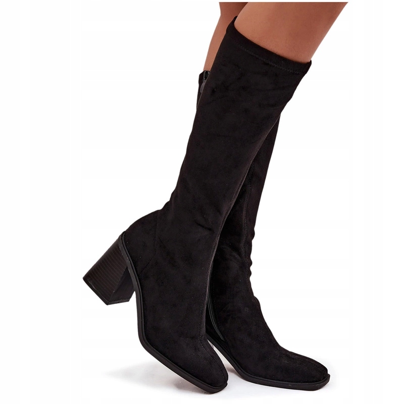 Dámské Kozačky Eko Semišové Masivní Podpatek Sloupek Zip Černé 38