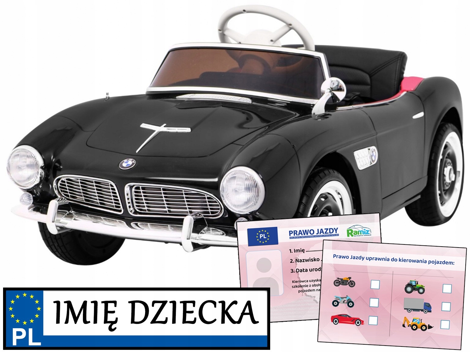 autko na akumulator dla dzieci Bmw 507 Retro panel audio pilot