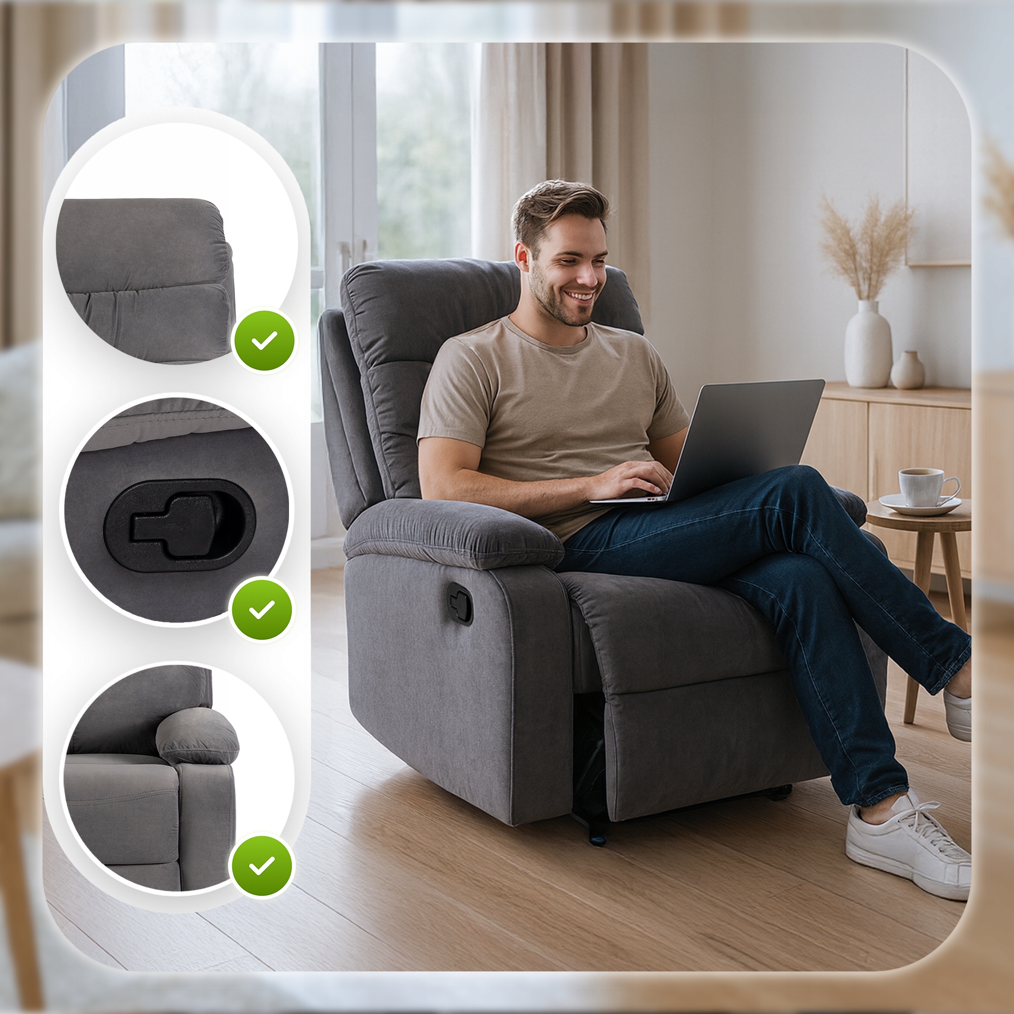 Fotel Rozkładany Wypoczynkowy z Podnóżkiem Do Salonu Welurowy Szary KOBE Marka Mebel Elite