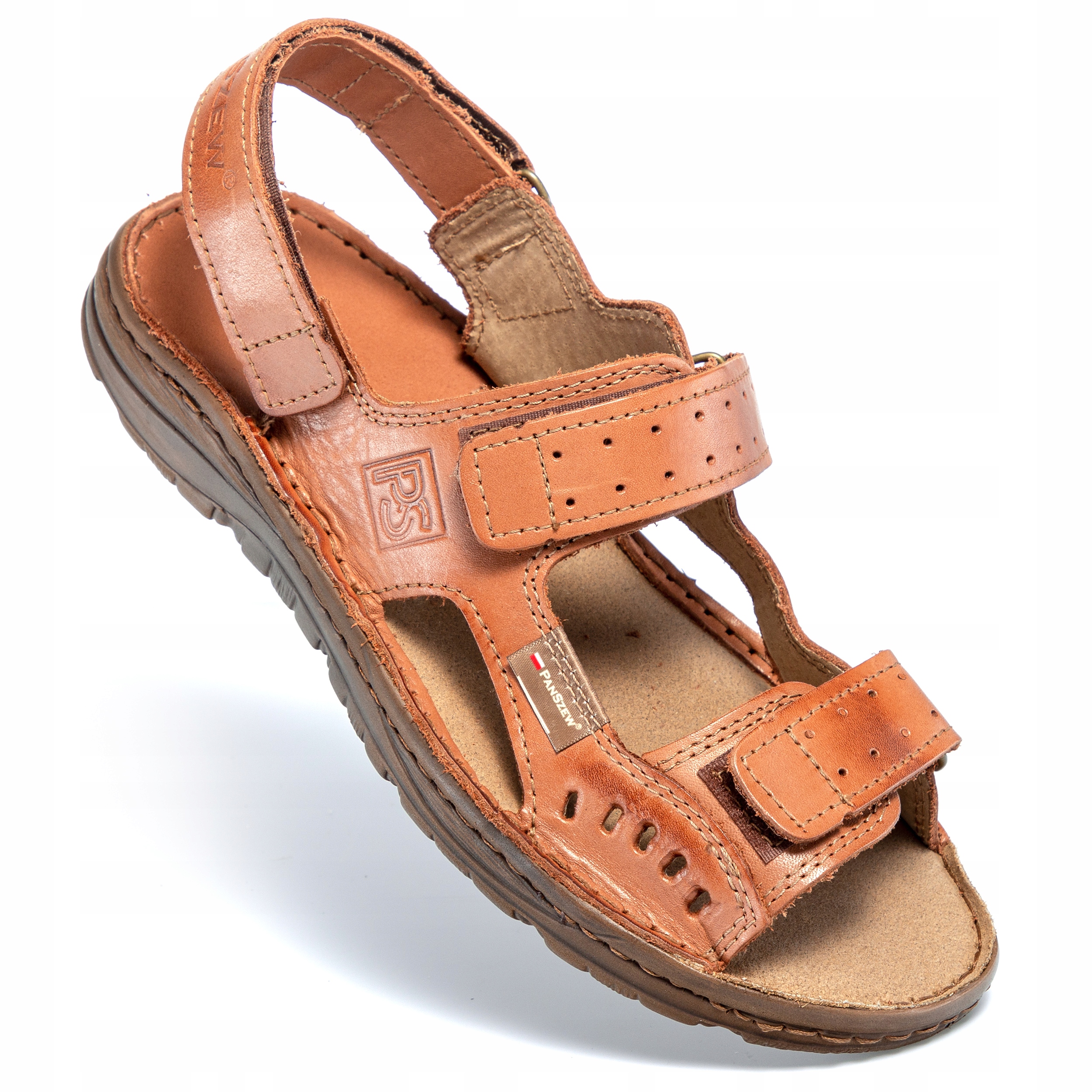 Pánské kožené sandály na suchý zip Přírodní kůže Hnědé Polské PanSzew