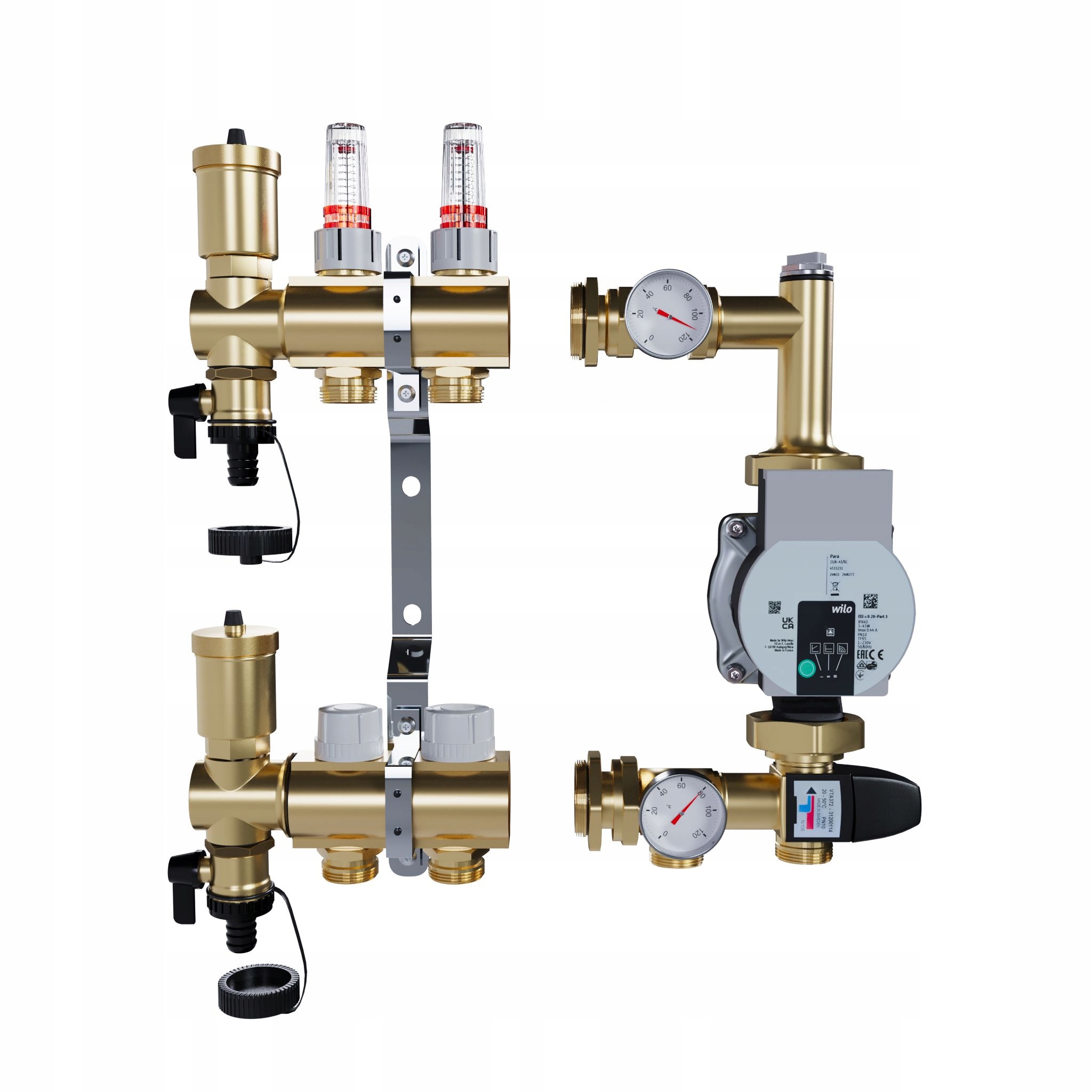 Rozdělovač pro podlahové topení 2 mosazné sekce Čerpadlo Wilo