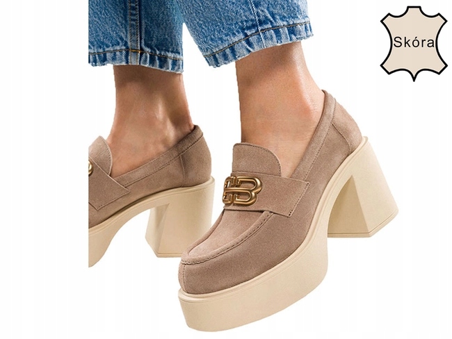 BEŻOWE MOKASYNY SKÓRZANE PÓŁBUTY SZEROKI OBCAS KLOCEK MODNA OZDOBA r 37