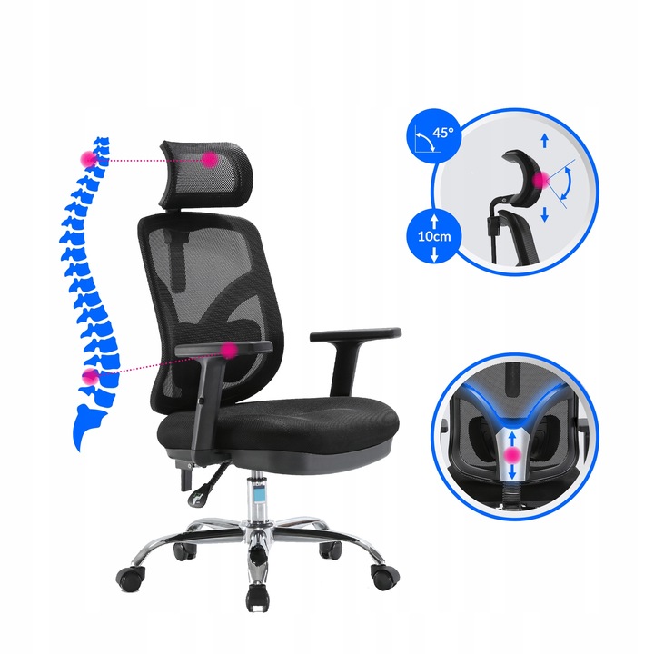 FOTEL ERGONOMICZNY ANGEL BIUROWY OBROTOWY JOKASTA CZARNA SIATKA DO 150KG Szerokość siedziska 50 cm